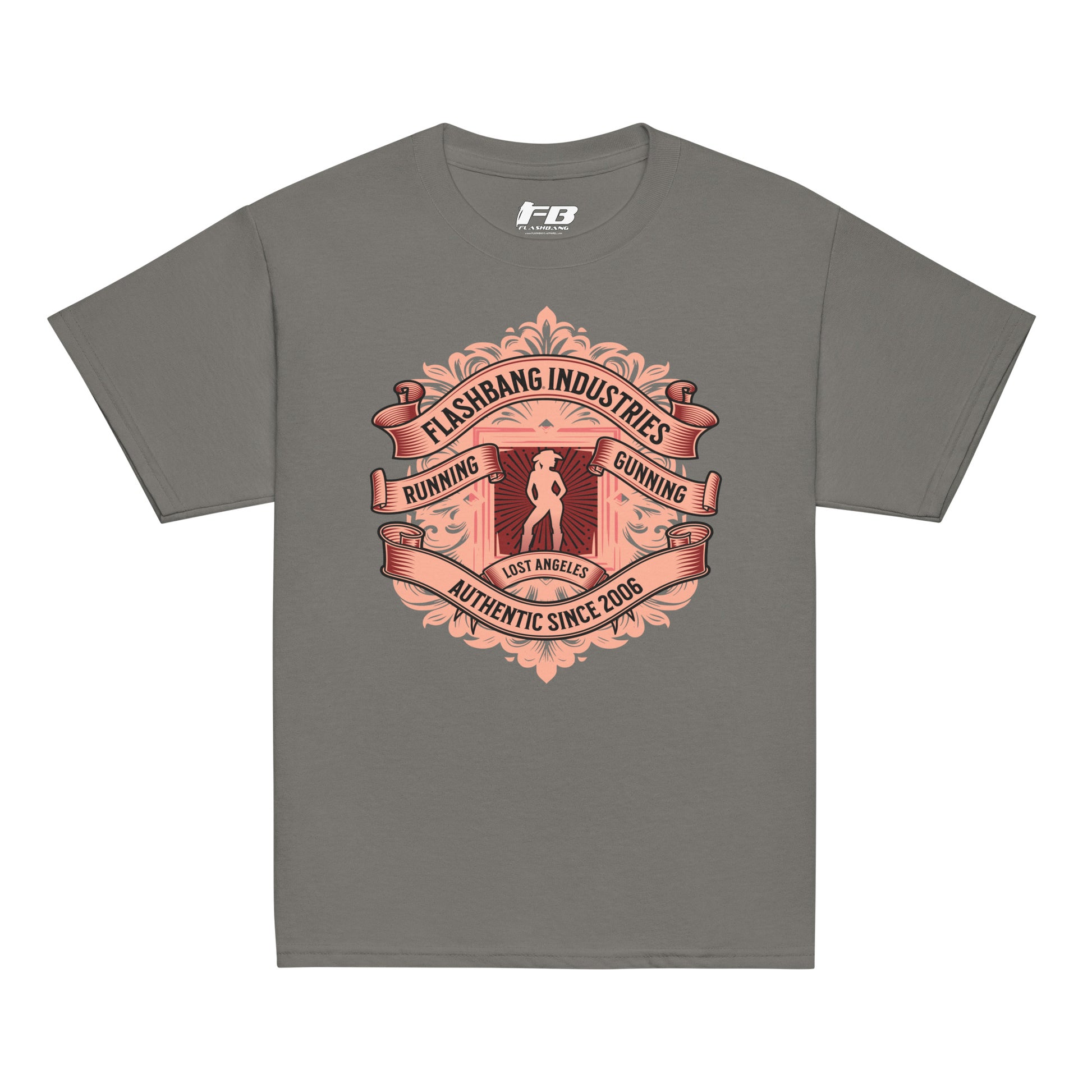 Gray t-shirt with a red graphic design on a white background