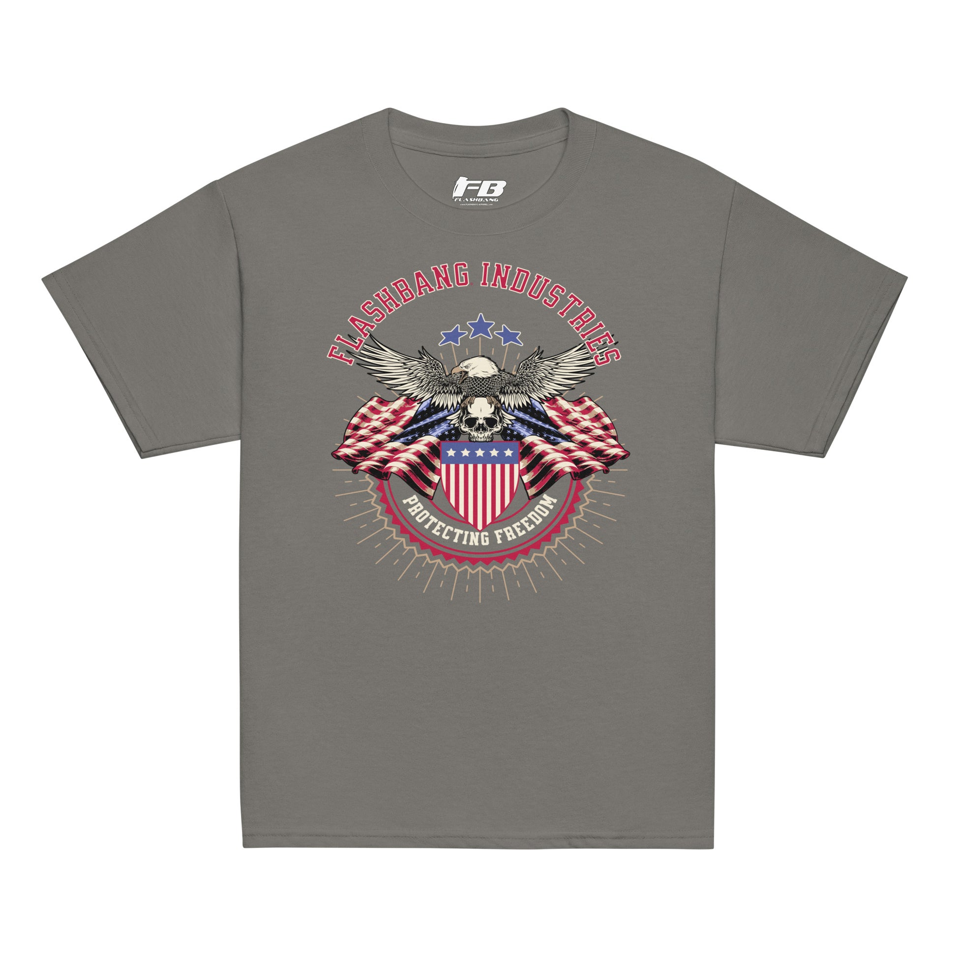 Gray t-shirt with graphic design featuring an eagle and American flag on a white background