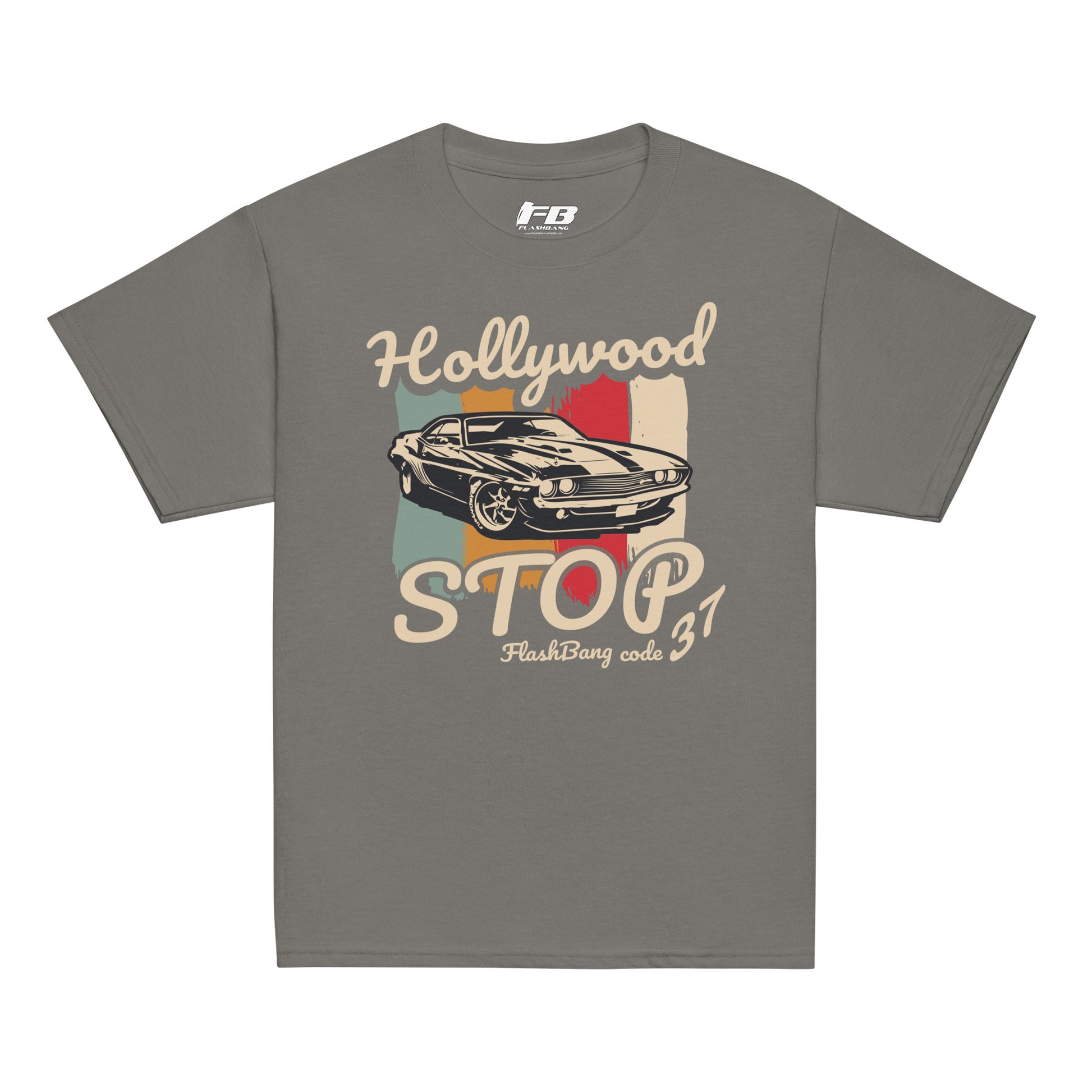 Gray t-shirt with vintage car graphic and text on a white background