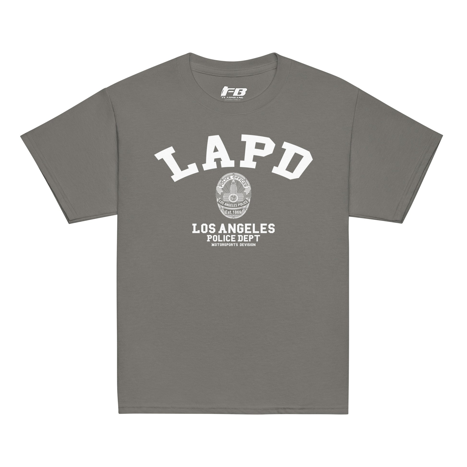 Gray t-shirt with LAPD Los Angeles Police Dept logo on a white background