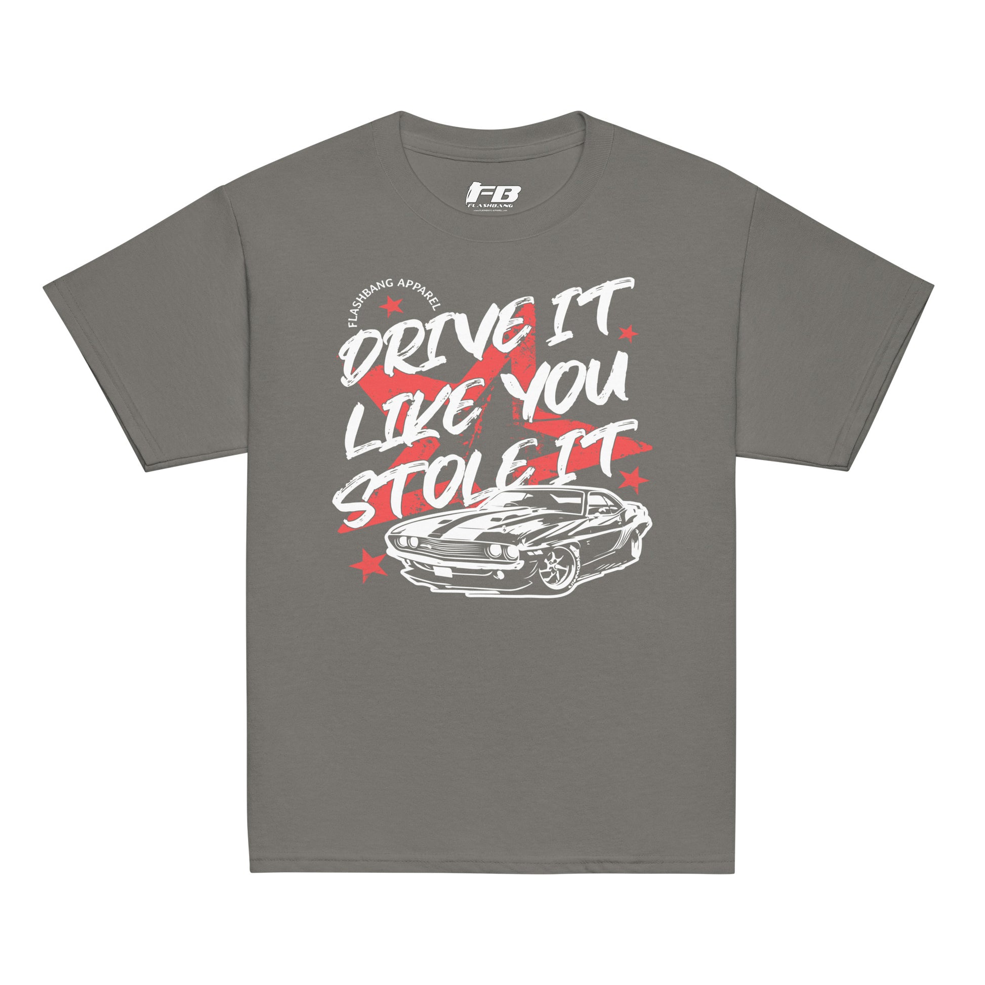 Gray t-shirt with graphic design and text on a white background