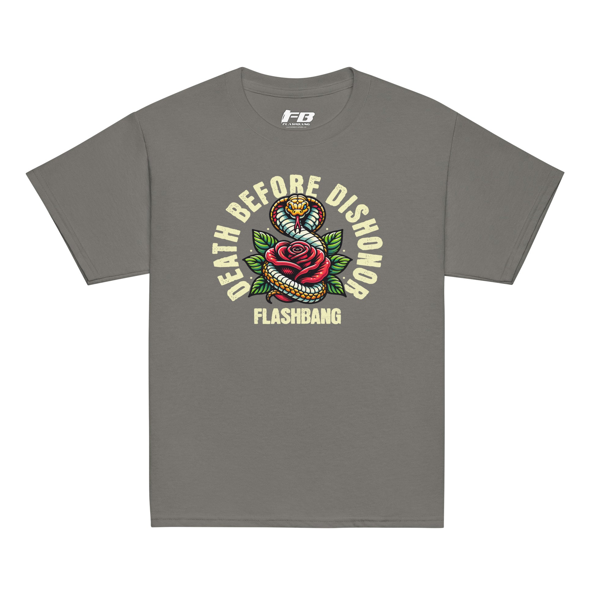 Gray t-shirt with 'Death Before Dishonor Flashbang' graphic design on a white background