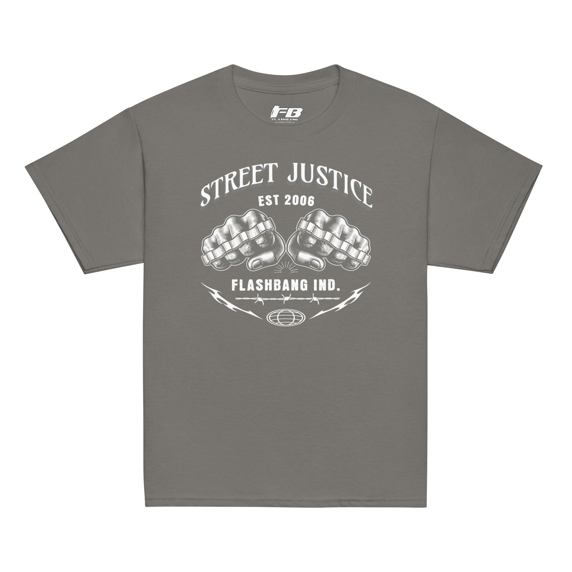 Gray t-shirt with white graphic design on a white background