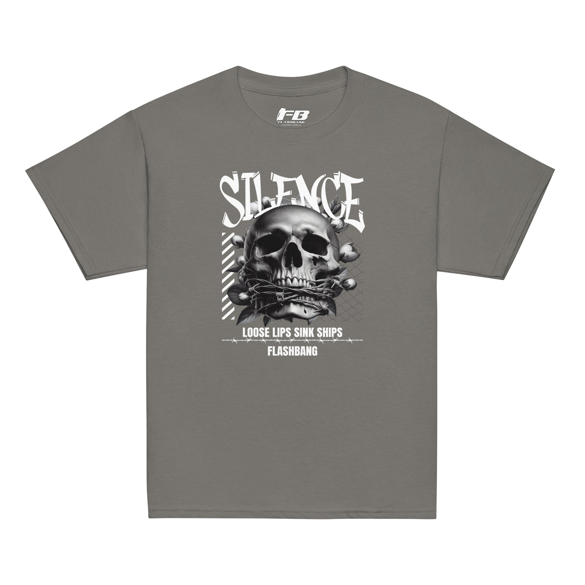 Gray t-shirt with a skull graphic and text on a white background