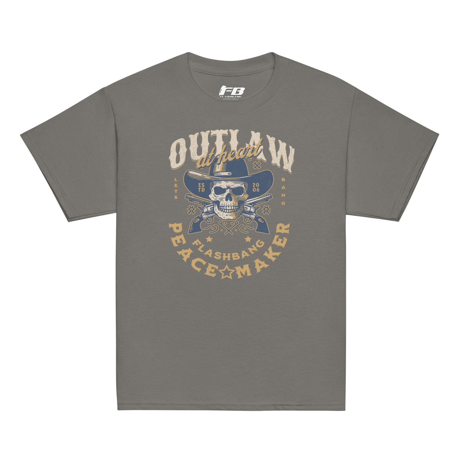 Gray t-shirt with graphic design featuring a skull and text on a white background