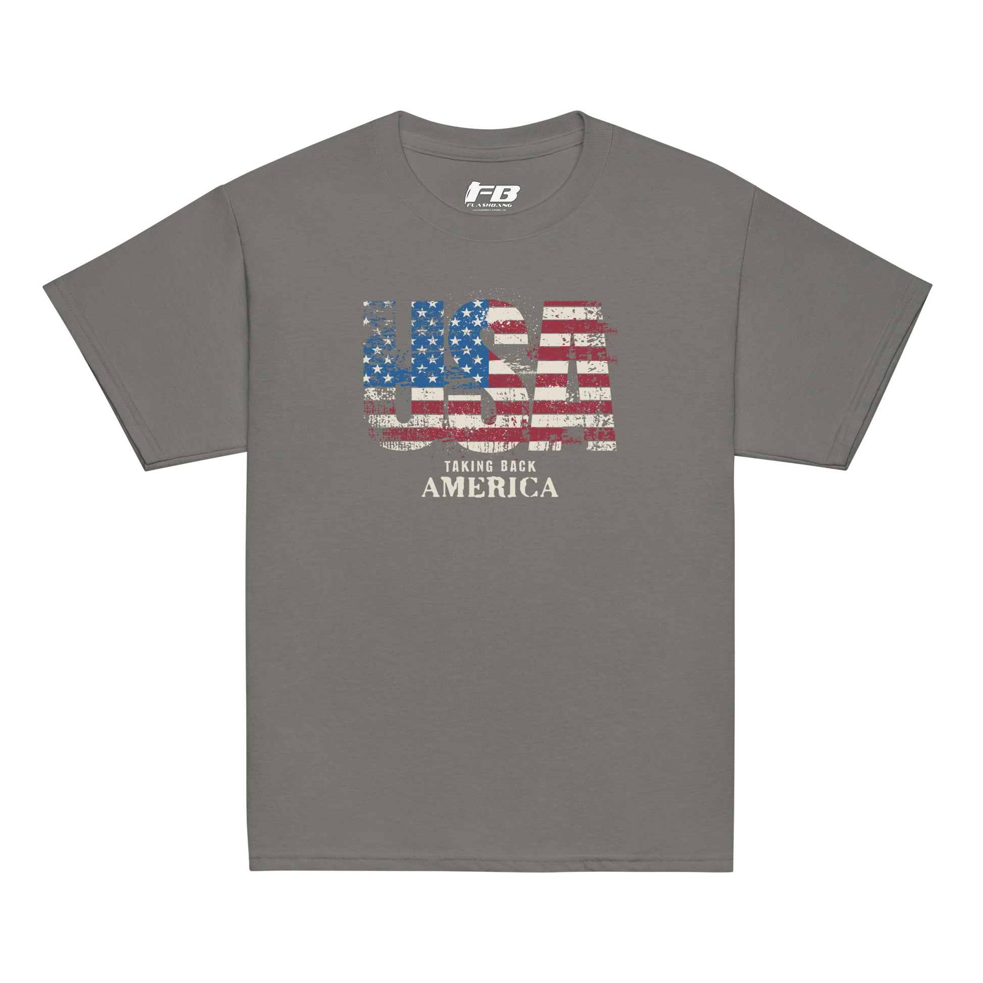 Gray t-shirt with American flag graphic and text on a white background