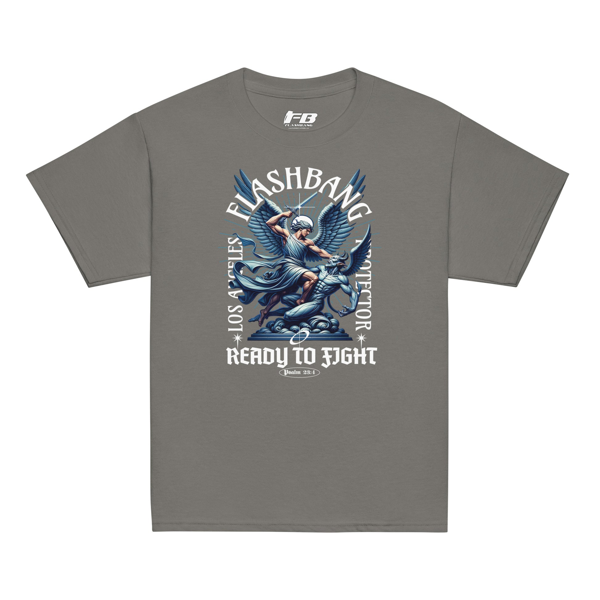 Gray t-shirt with graphic design featuring an angel and text on a white background