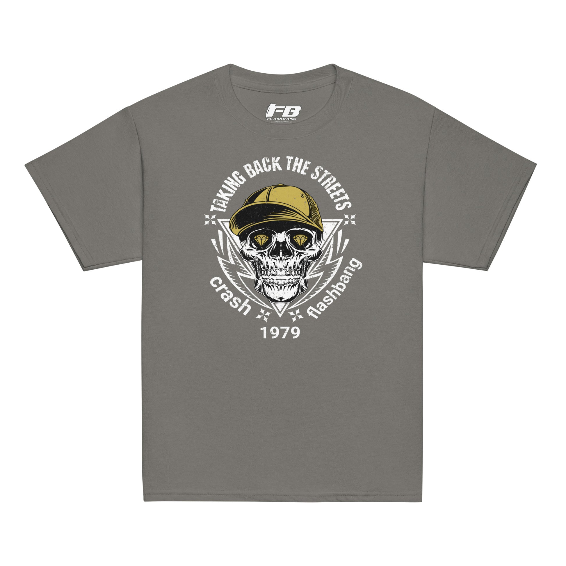 Gray t-shirt with a skull and cap graphic and text on a white background