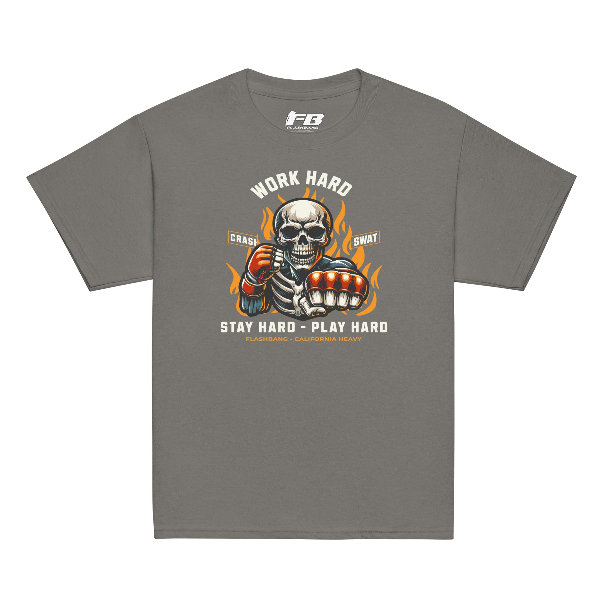Gray t-shirt with a graphic design featuring a skeleton and text on a white background