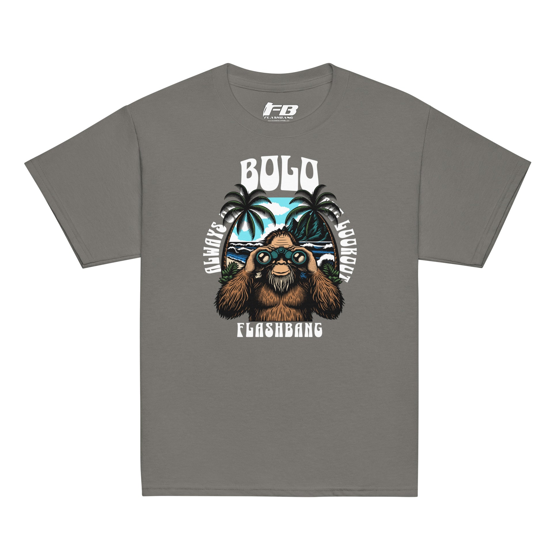 Gray t-shirt with a graphic design of a monkey and text on a white background
