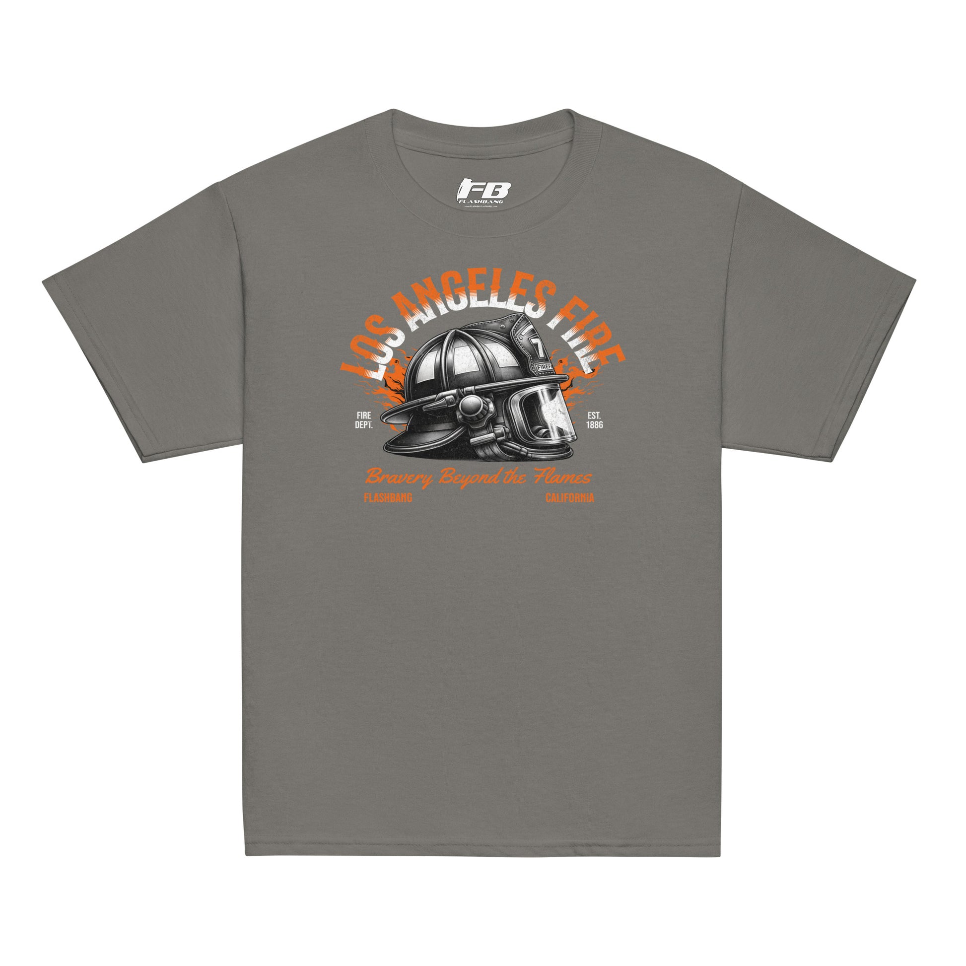 Gray t-shirt with a fire helmet graphic and 'Los Angeles Fire' text on a white background