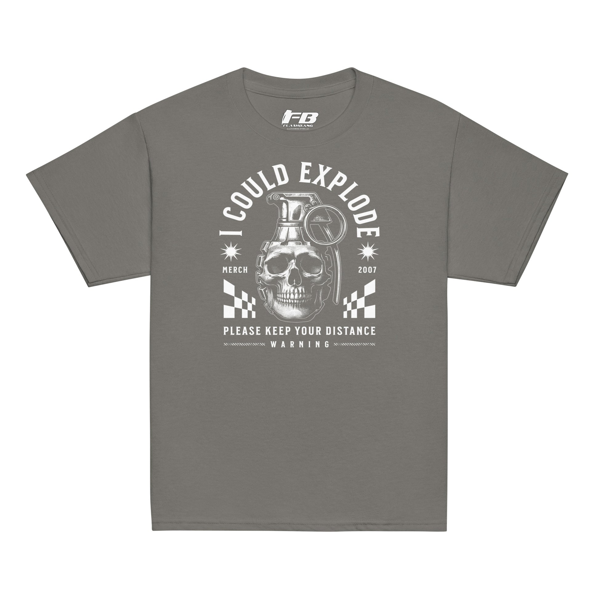 Gray t-shirt with a graphic design featuring a skull and text on a white background