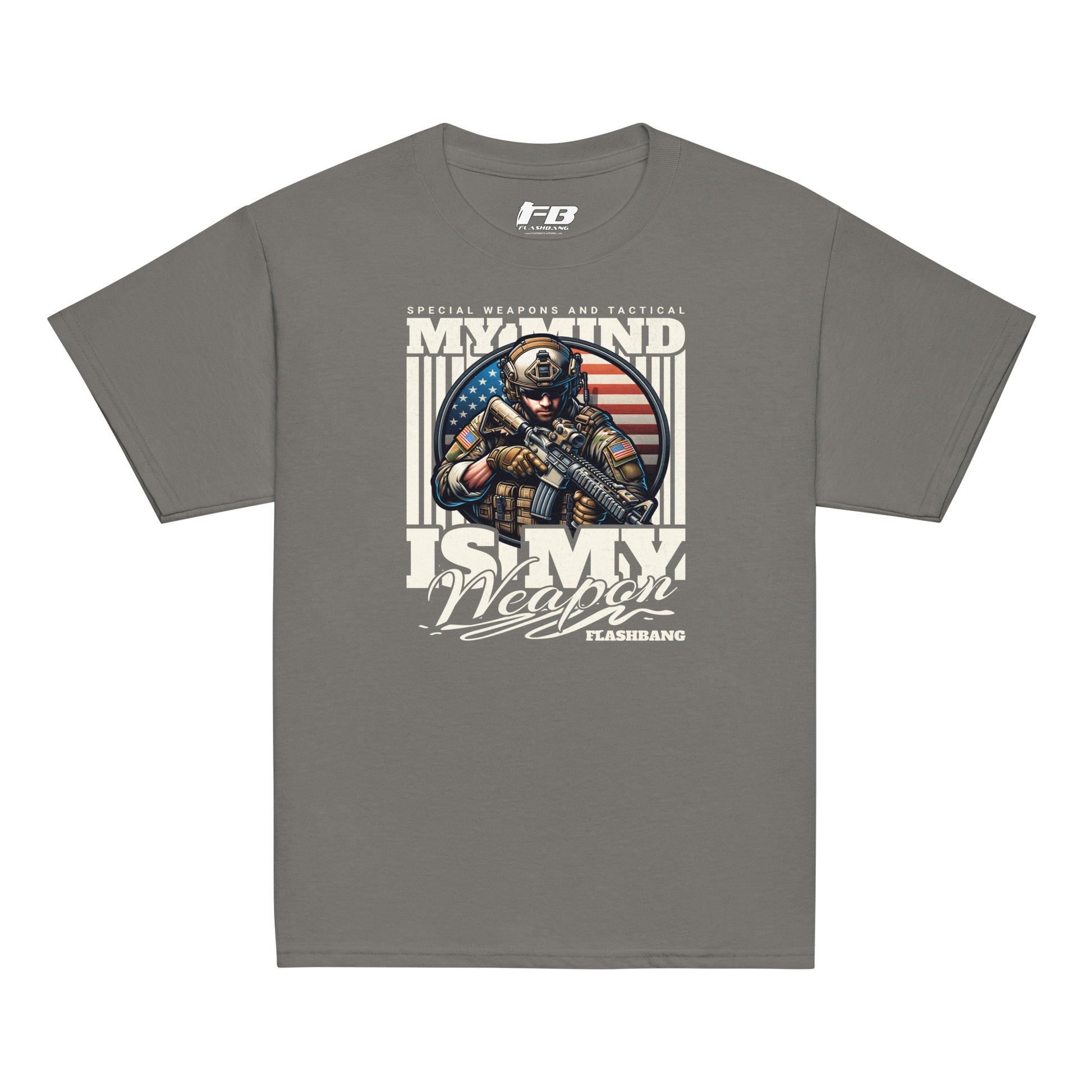 Gray t-shirt with graphic design featuring a soldier and American flag on a white background