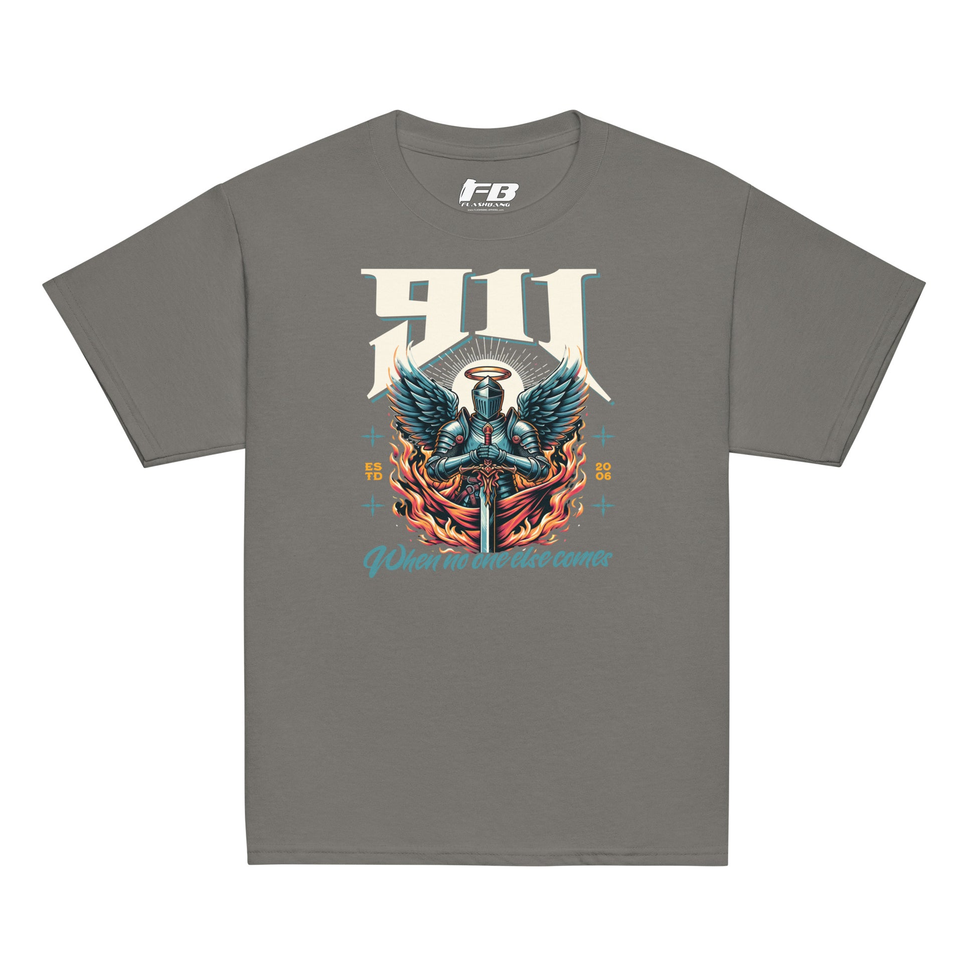 Gray t-shirt with a graphic design featuring an angelic figure and text on a white background