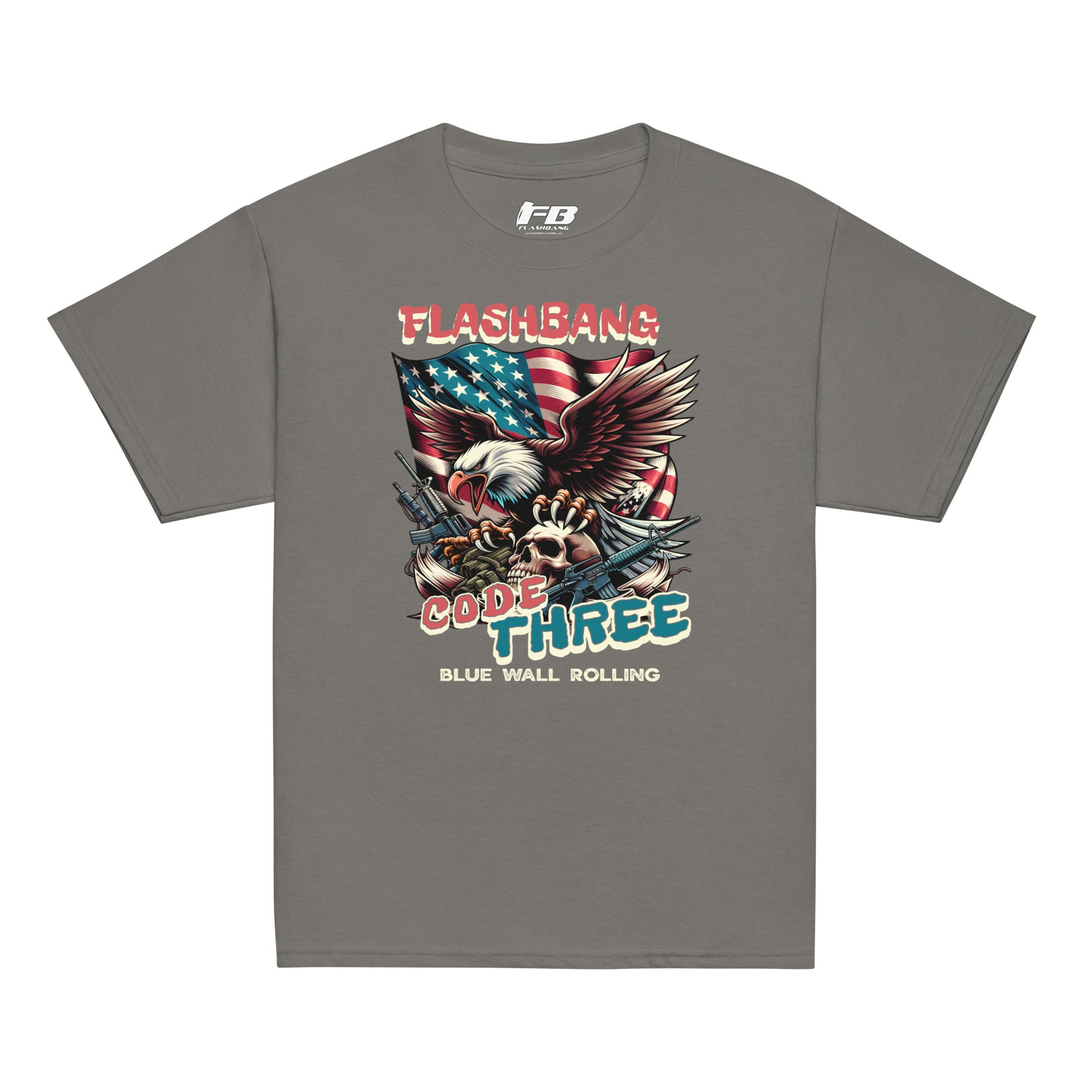 Gray t-shirt with 'Flashbang Code Three' graphic design featuring an eagle and American flag on a white background.