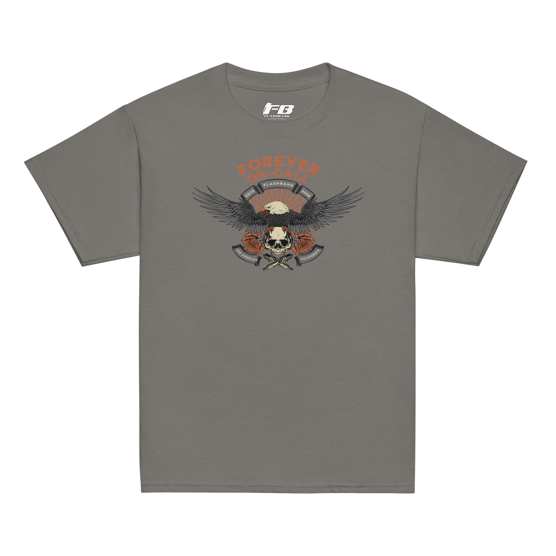 Gray t-shirt with a graphic design featuring an eagle and skull on a white background