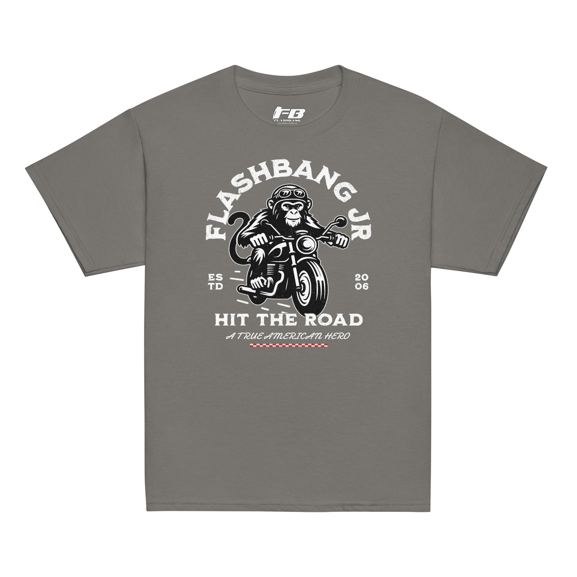 Gray t-shirt with graphic design featuring a monkey on a motorcycle and text on a white background