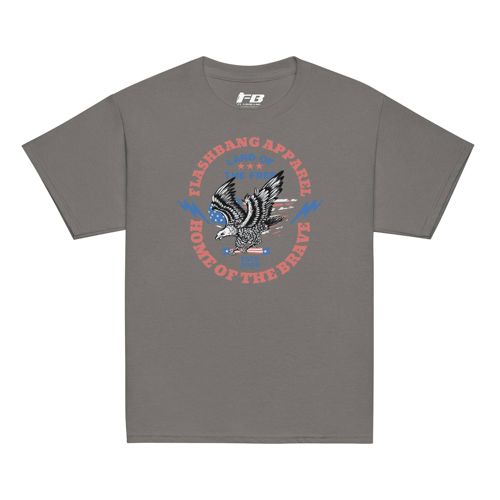 Gray t-shirt with eagle graphic and text on a white background
