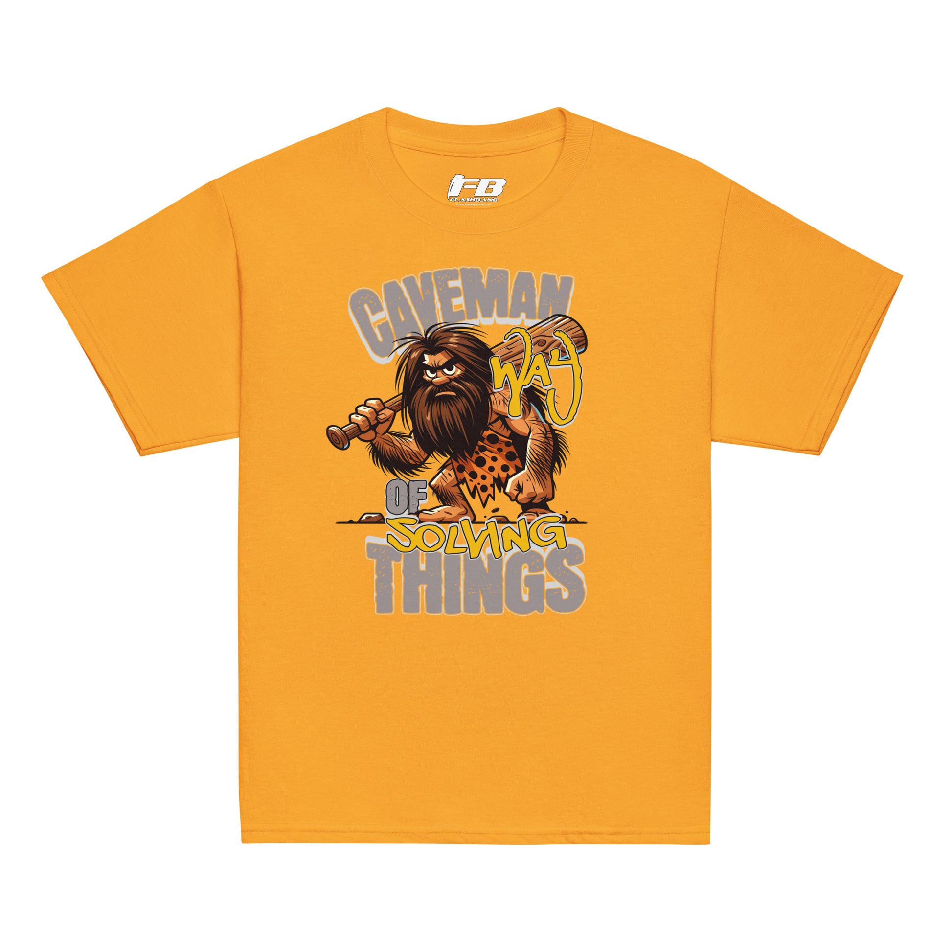 Yellow t-shirt with a caveman graphic and text on a white background