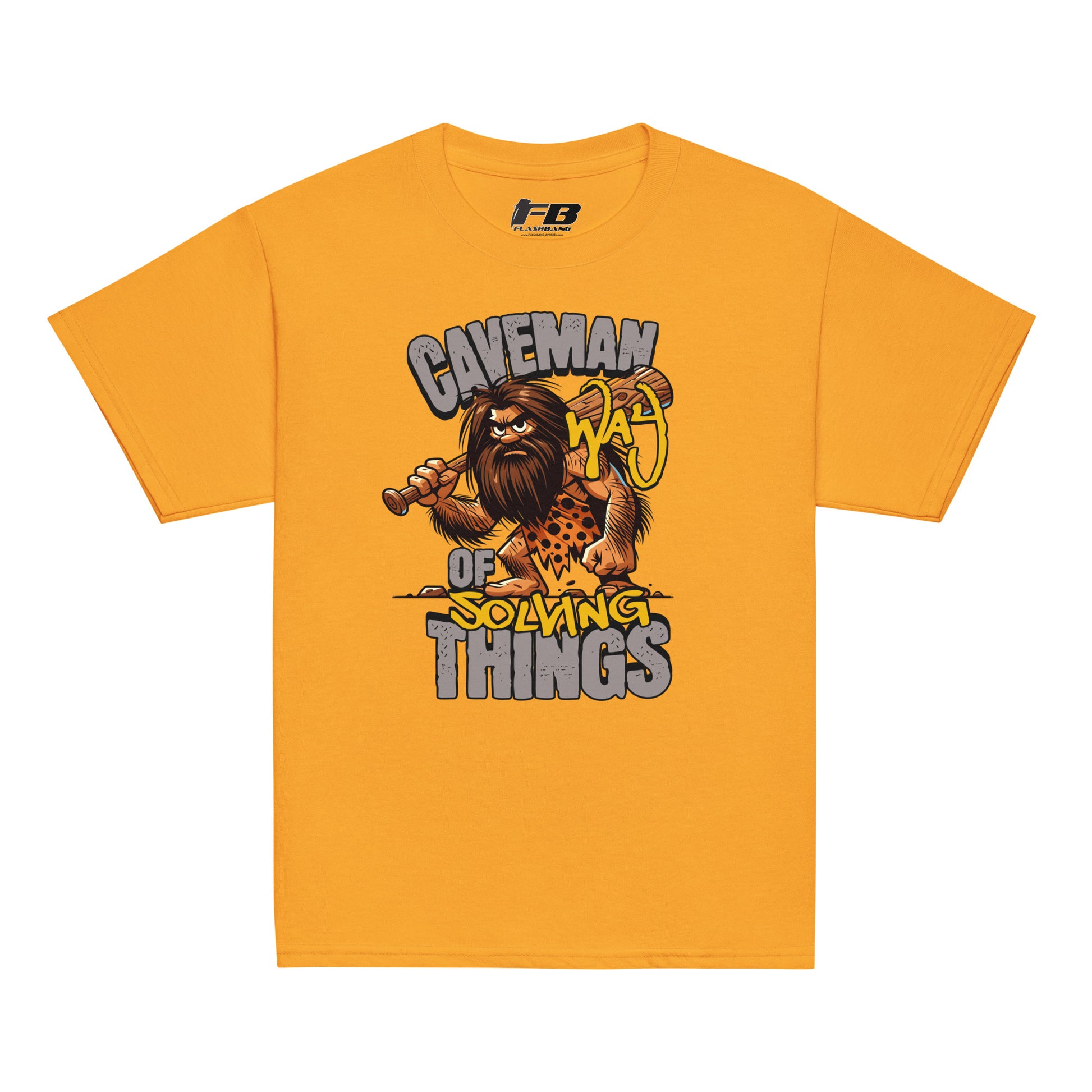 Yellow t-shirt with a caveman graphic and text on a white background