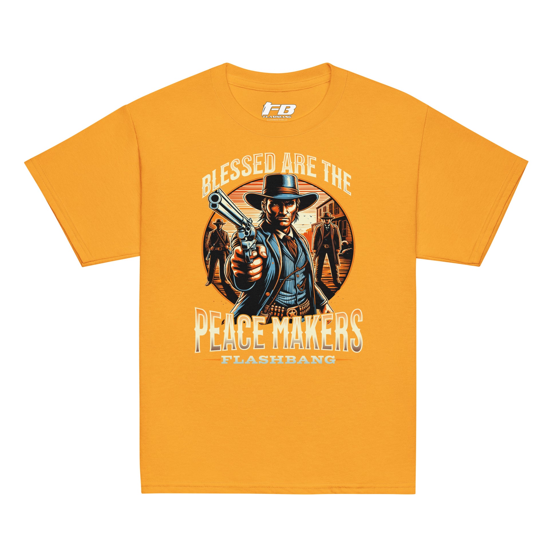 Yellow t-shirt with a graphic of a cowboy holding a gun and text on a white background