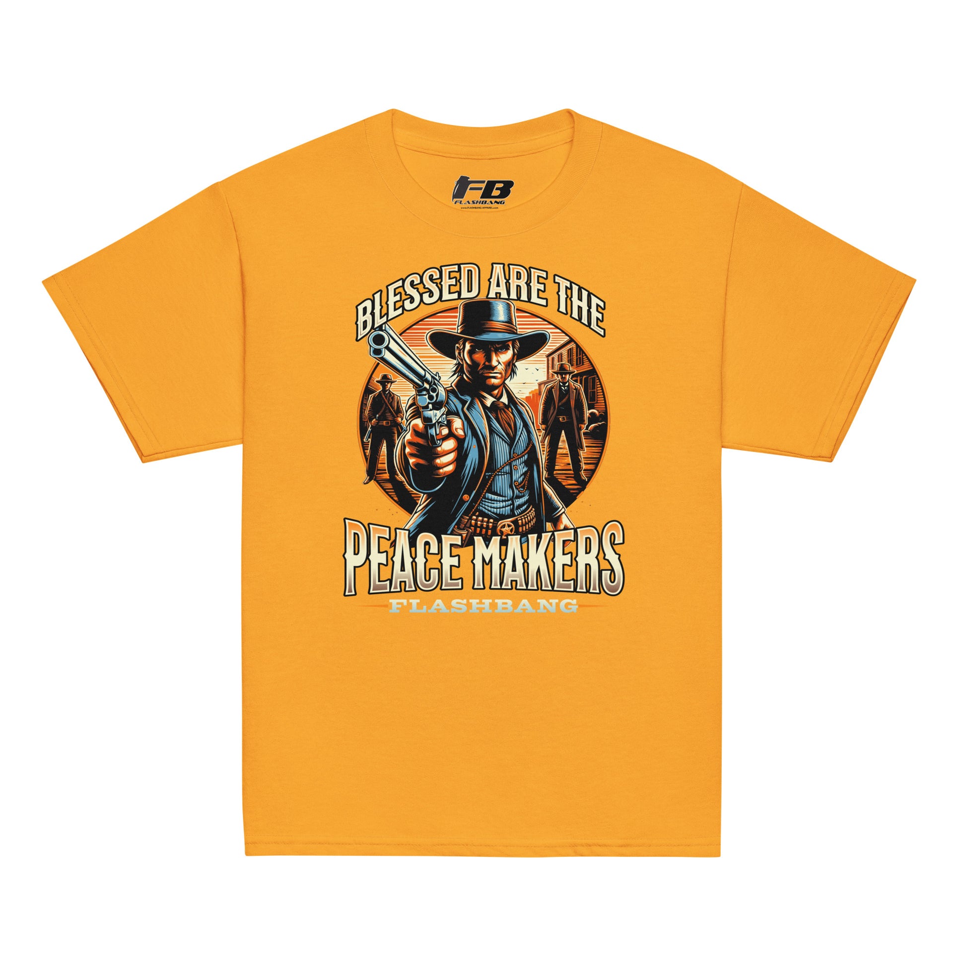 Yellow t-shirt with a graphic design of a cowboy holding a gun and text on a white background