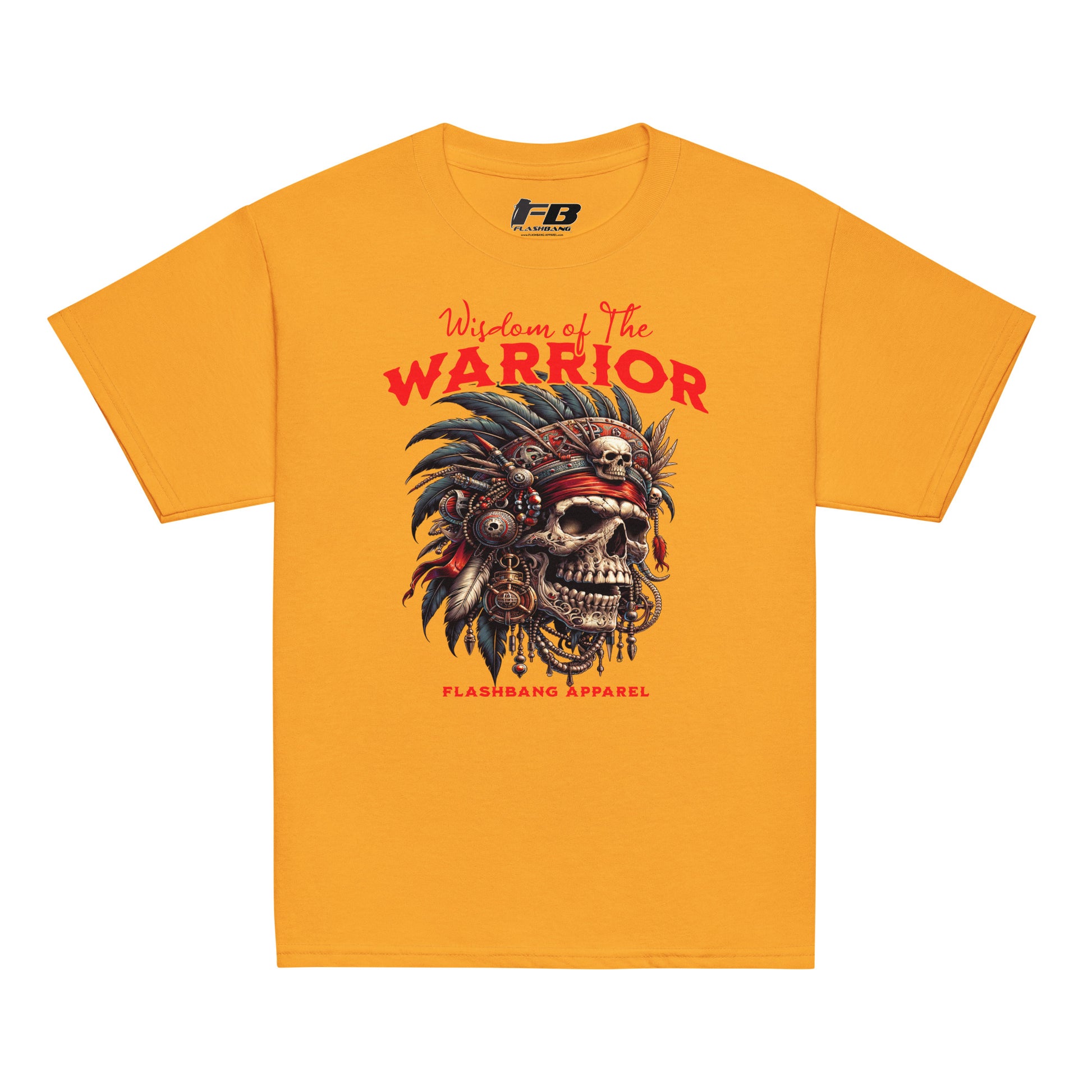 Yellow t-shirt with 'Warrior' graphic design on a white background