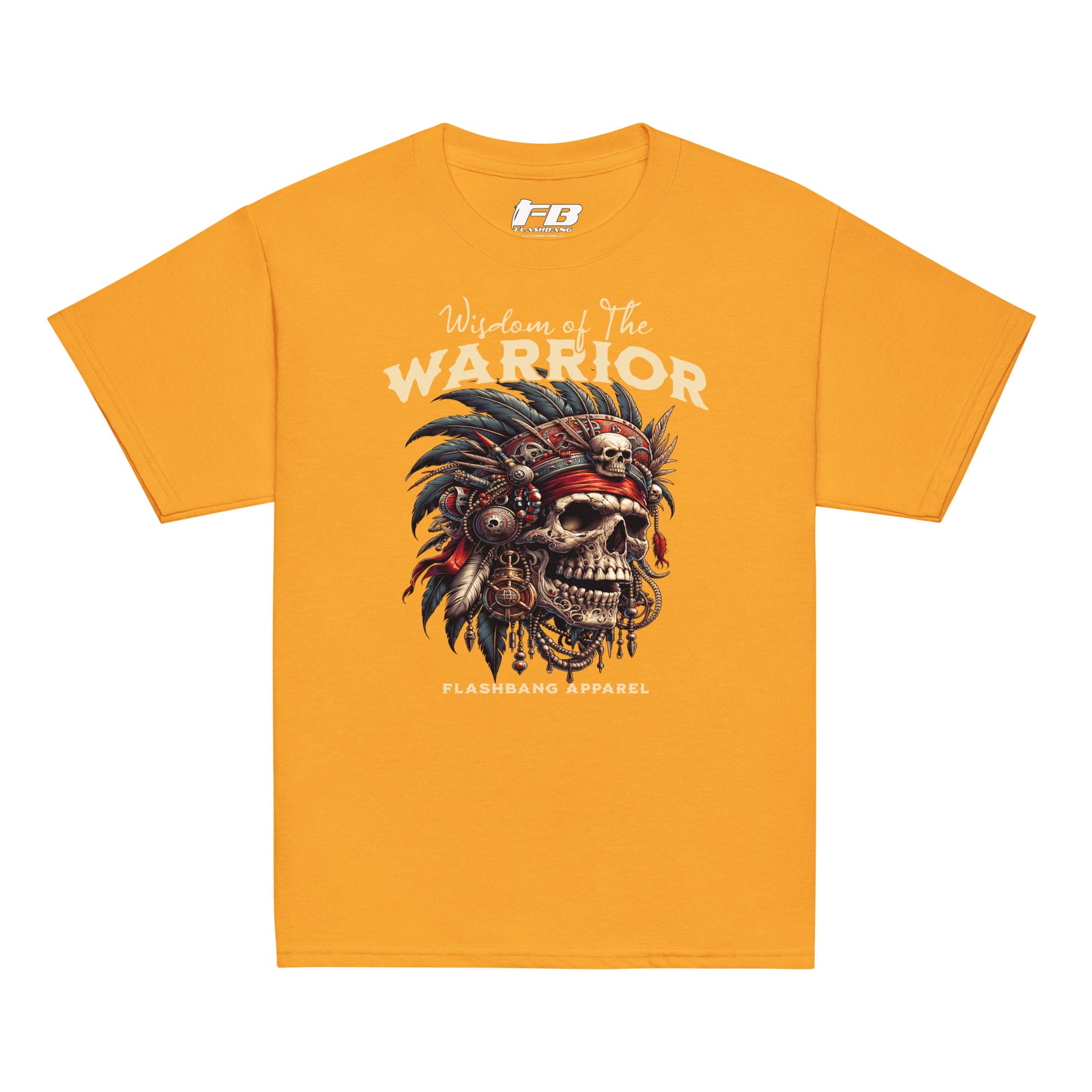 Yellow t-shirt with warrior design and 'Wisdom of the Warrior' text on a white background
