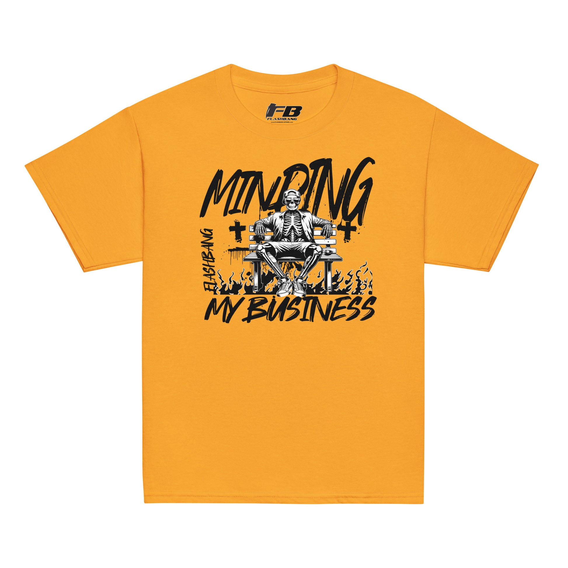 Yellow t-shirt with black graphic design and text on a white background