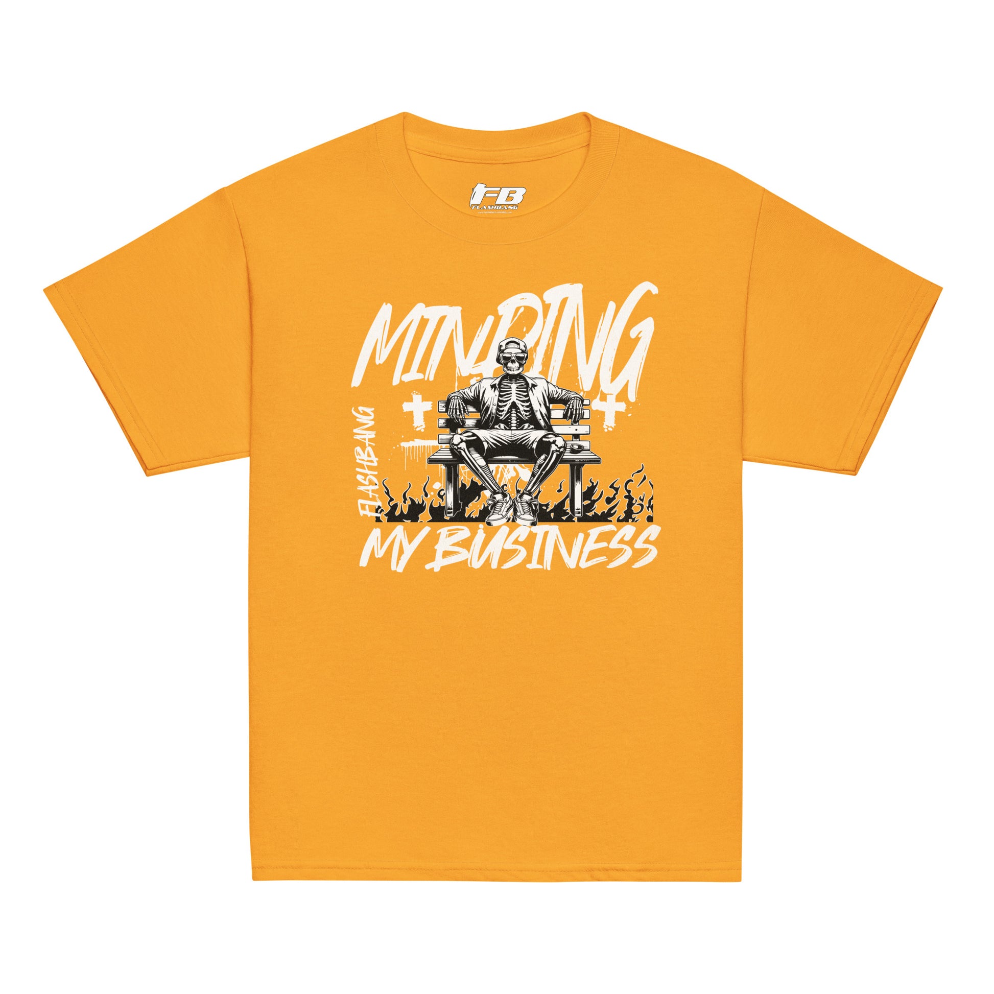 Orange t-shirt with a graphic design and text on a white background