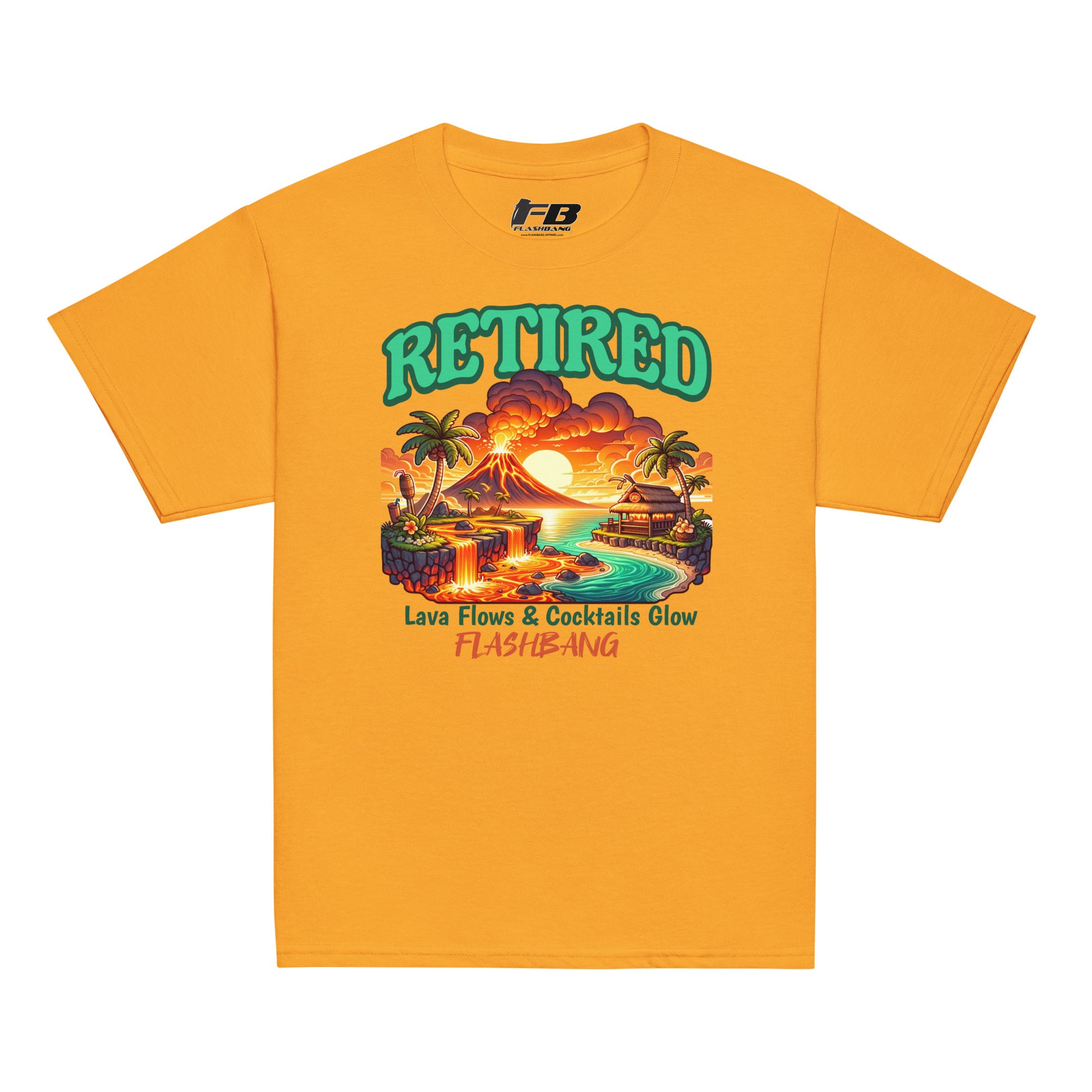 Yellow t-shirt with a tropical graphic and 'Retired' text on a white background