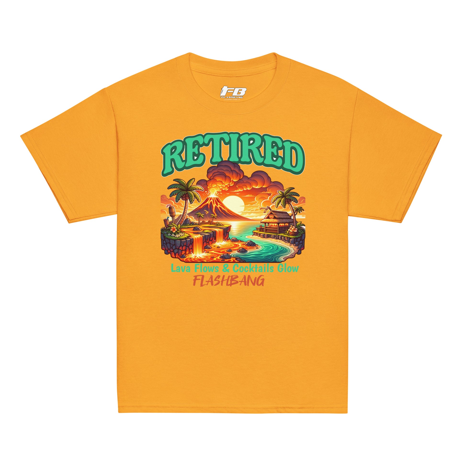 Yellow t-shirt with a tropical graphic and 'Retired' text on a white background