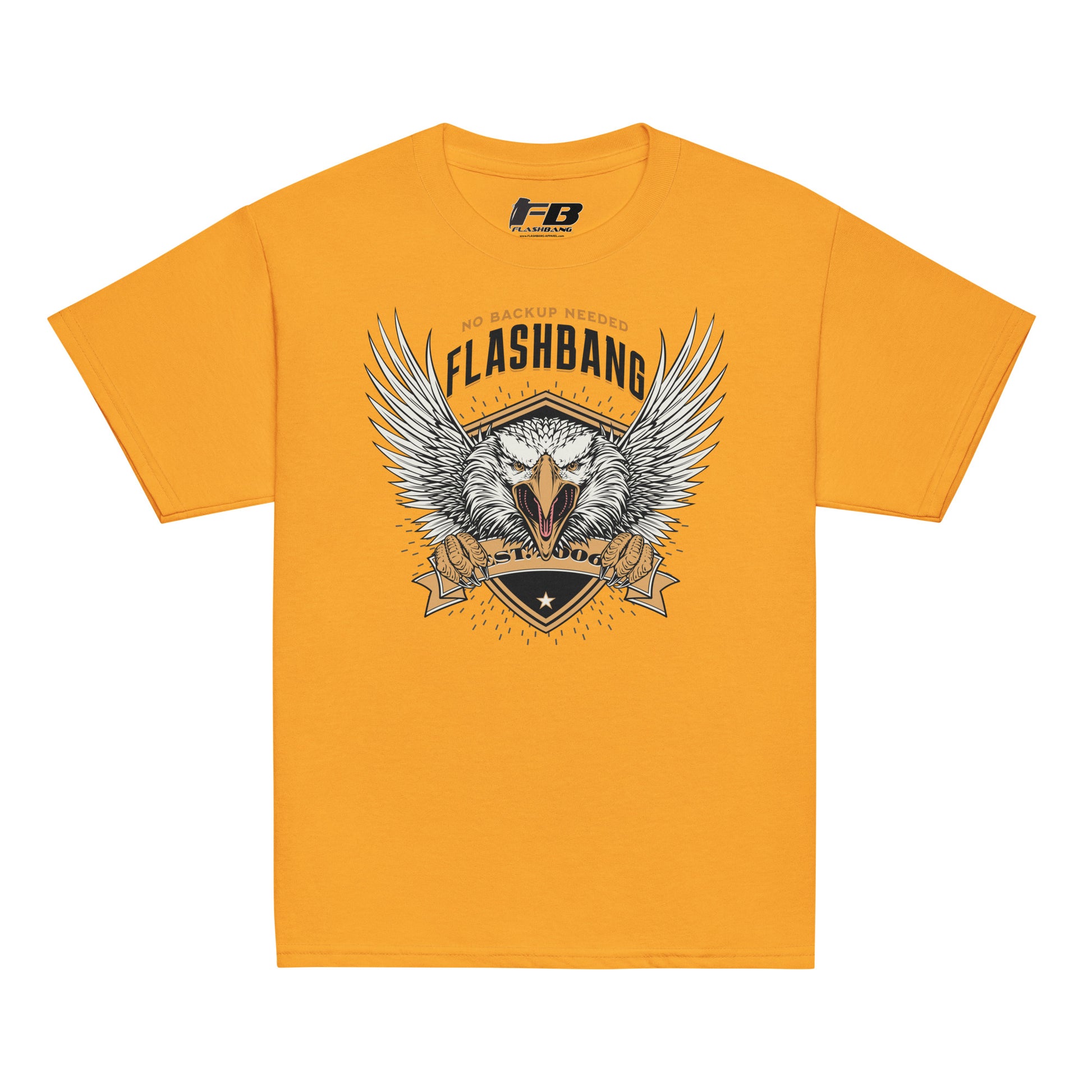 Yellow t-shirt with eagle graphic and 'Flashbang' text on a white background
