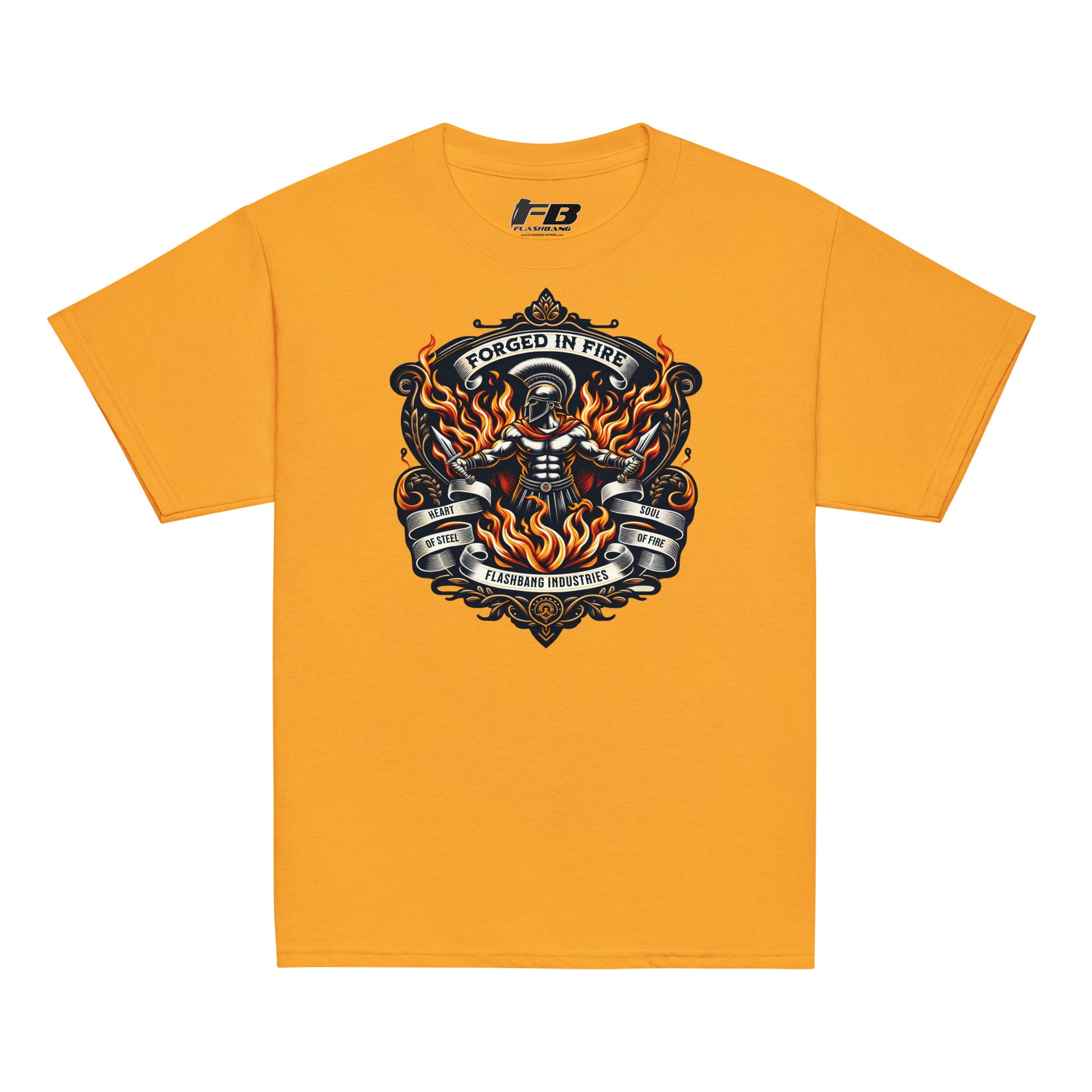 Yellow t-shirt with a graphic design on a white background