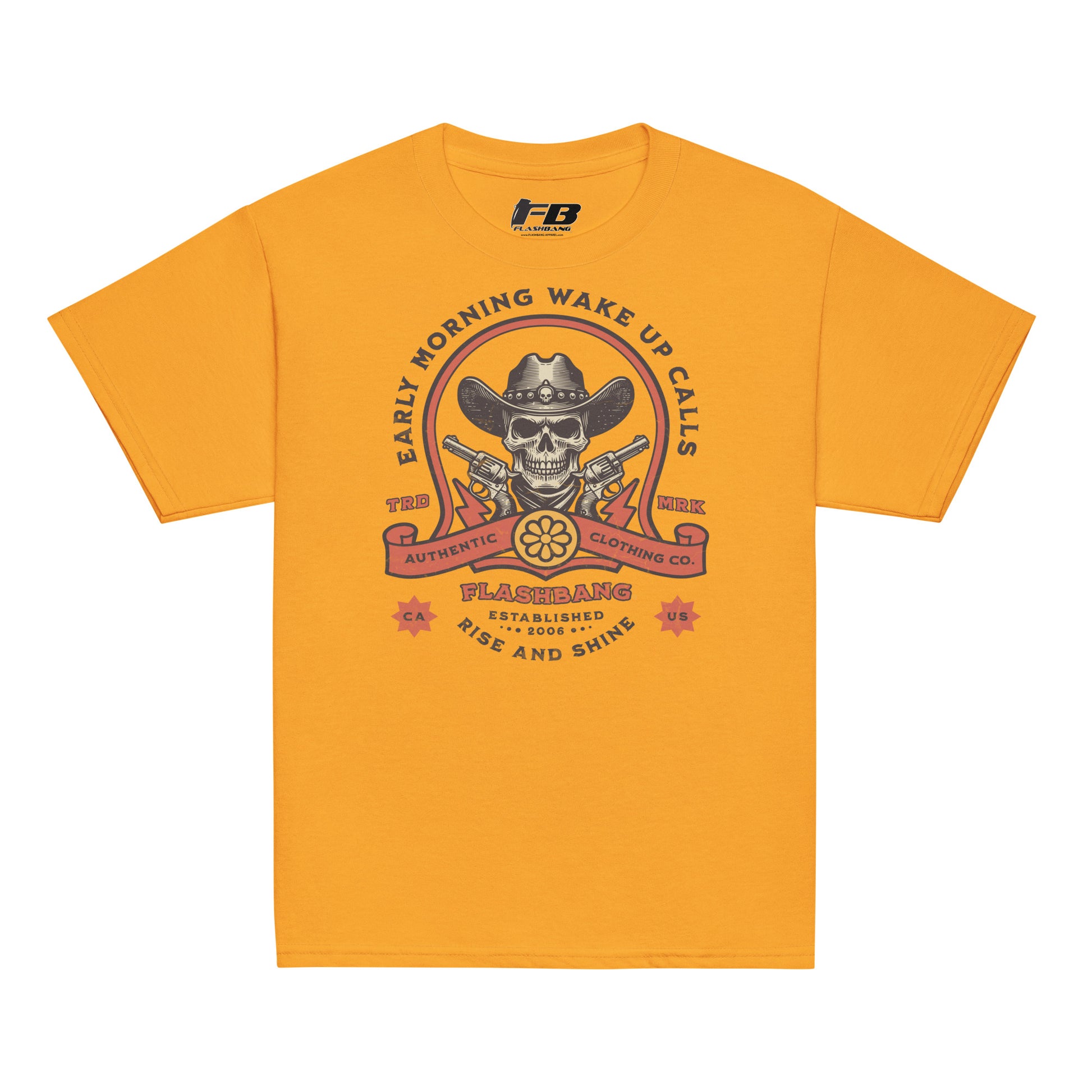 Yellow t-shirt with graphic design and brand logo on a white background