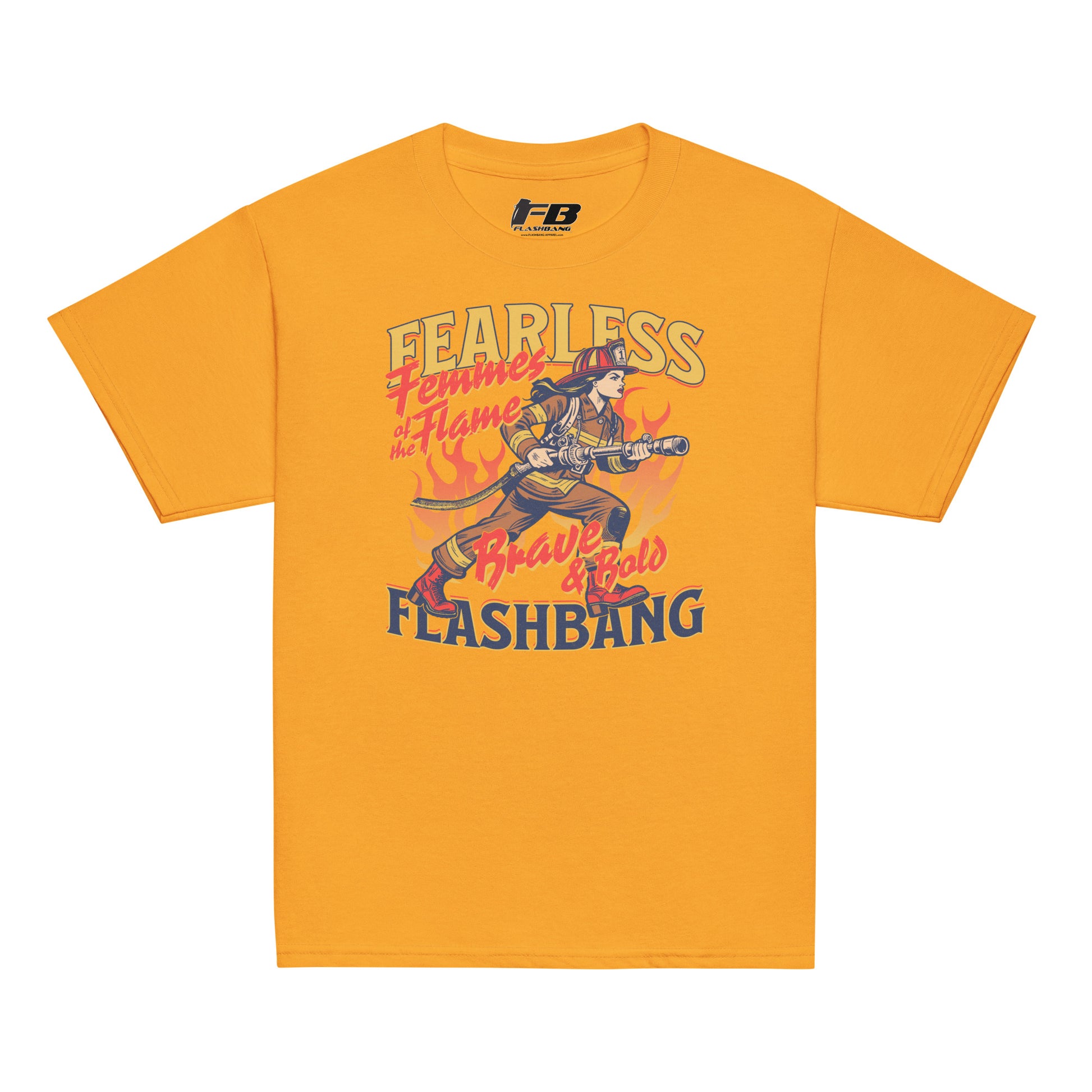 Orange t-shirt with graphic design and text on a white background