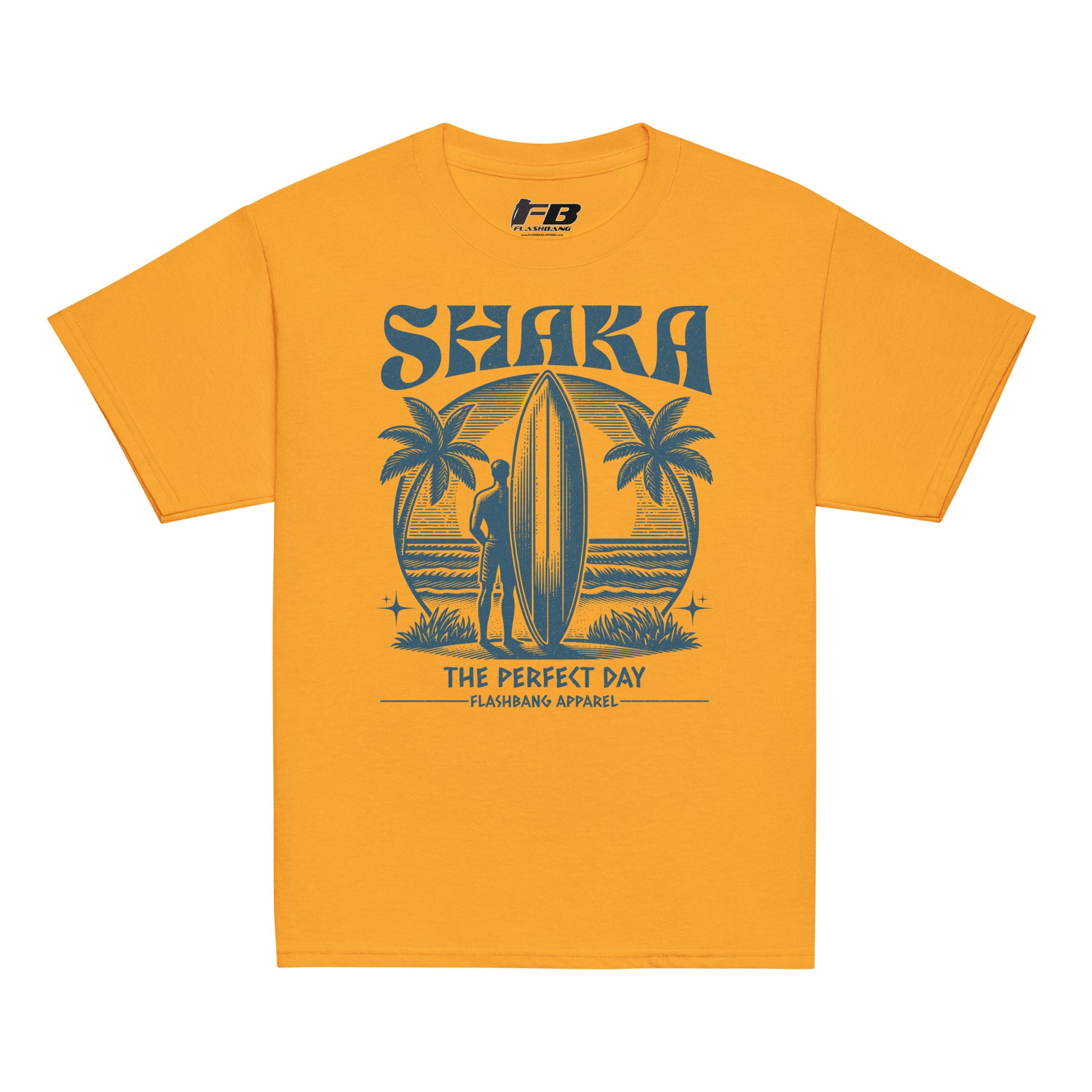 Yellow t-shirt with a graphic design of a surfer and palm trees on a white background