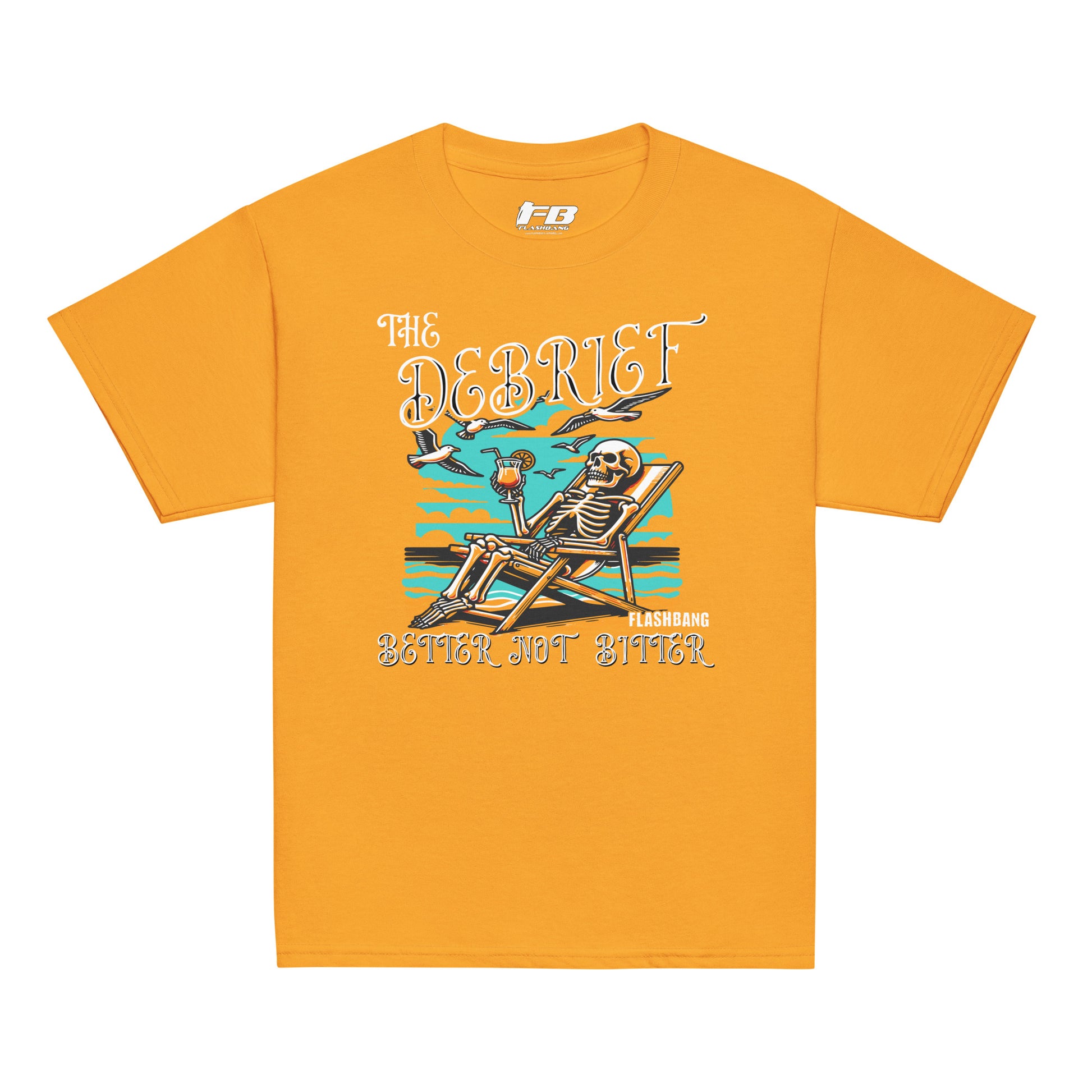 Yellow t-shirt with a skeleton design and text on a white background