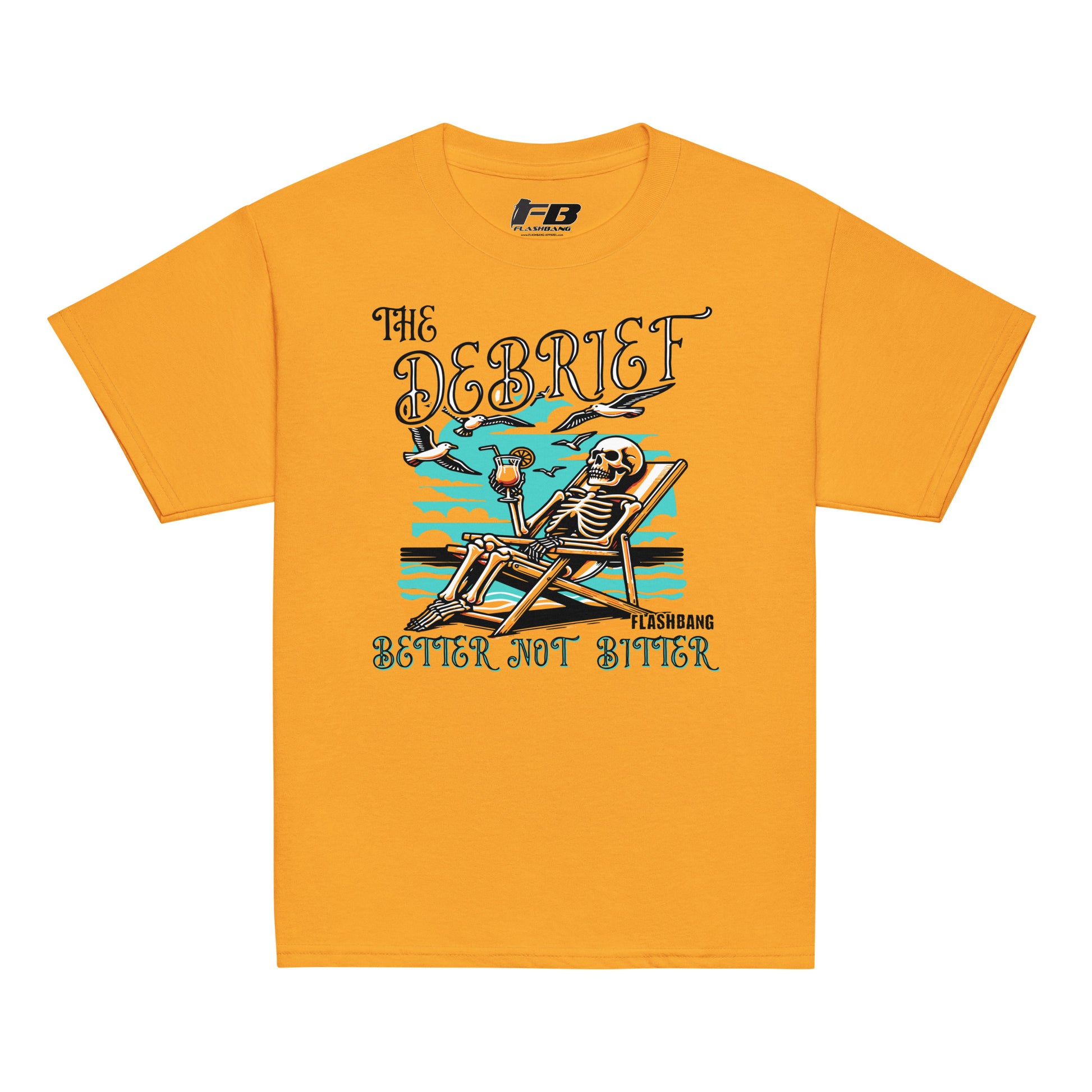 Yellow t-shirt with a skeleton graphic and text on a white background