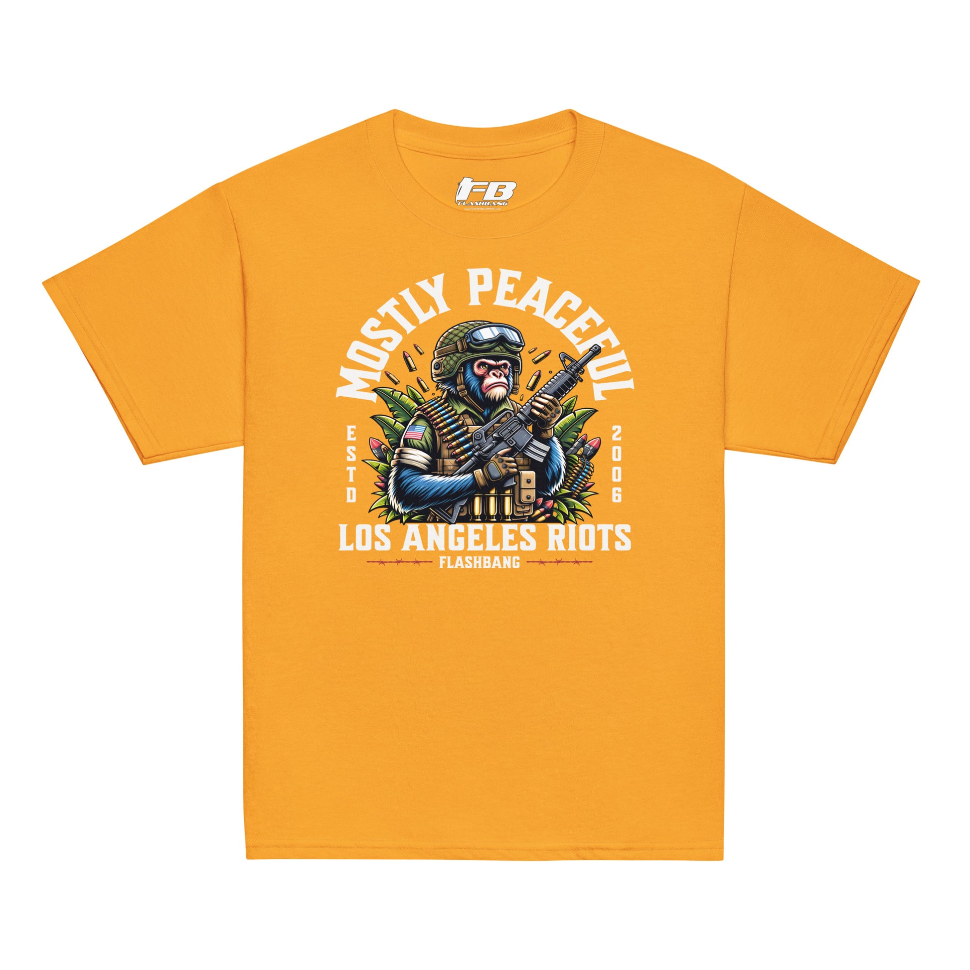 Yellow t-shirt with graphic design featuring a monkey holding an umbrella and text on a white background