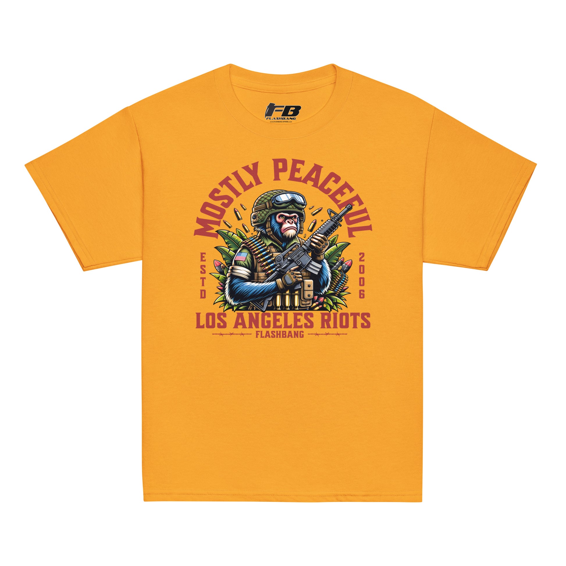 Yellow t-shirt with graphic design and text on a white background