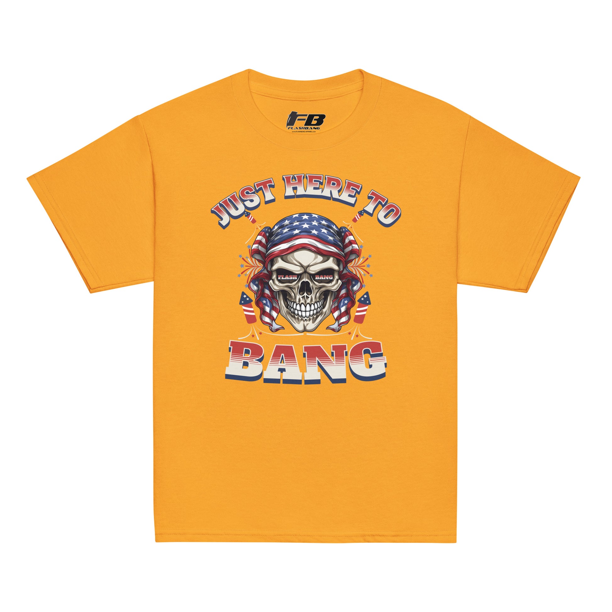 Yellow t-shirt with a skull graphic and text on a white background