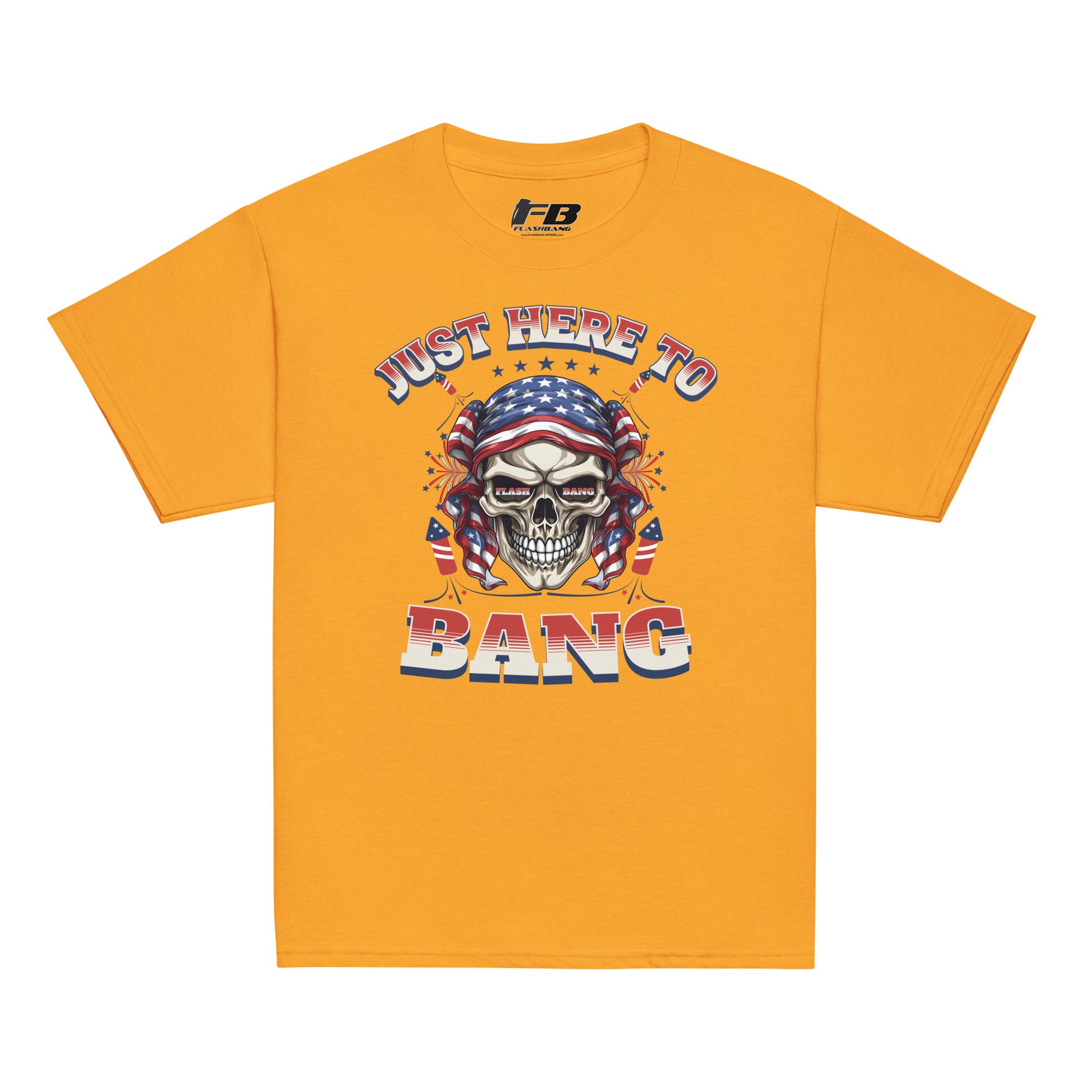 Yellow t-shirt with a skull graphic and text on a white background