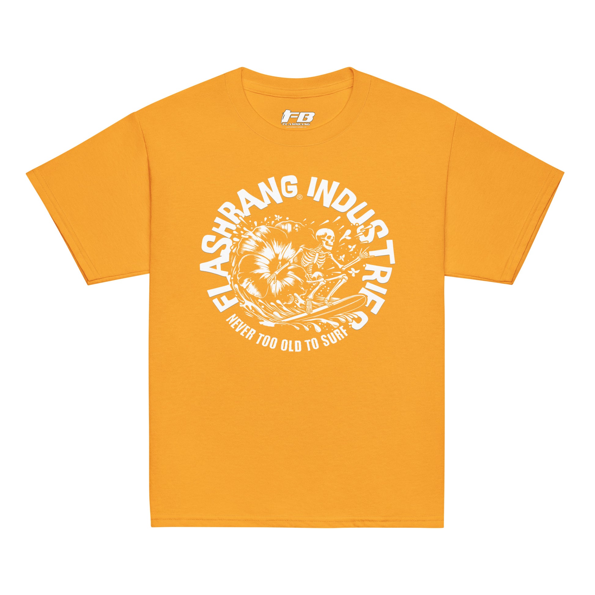 Orange t-shirt with white graphic and text on a white background