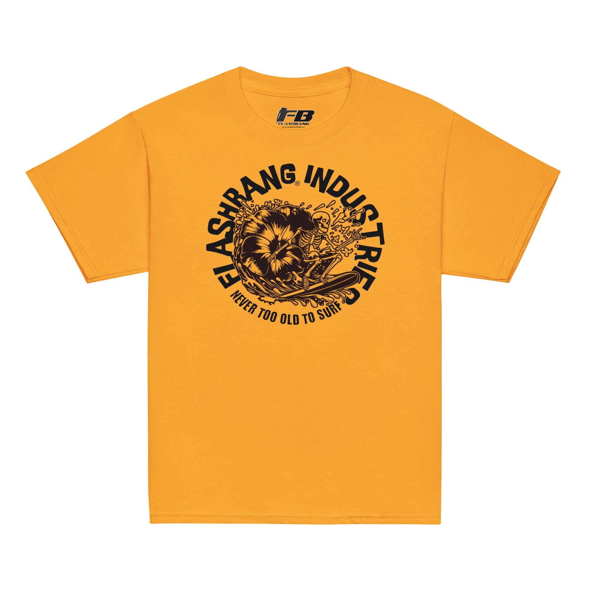 Yellow t-shirt with black graphic design and text on a white background