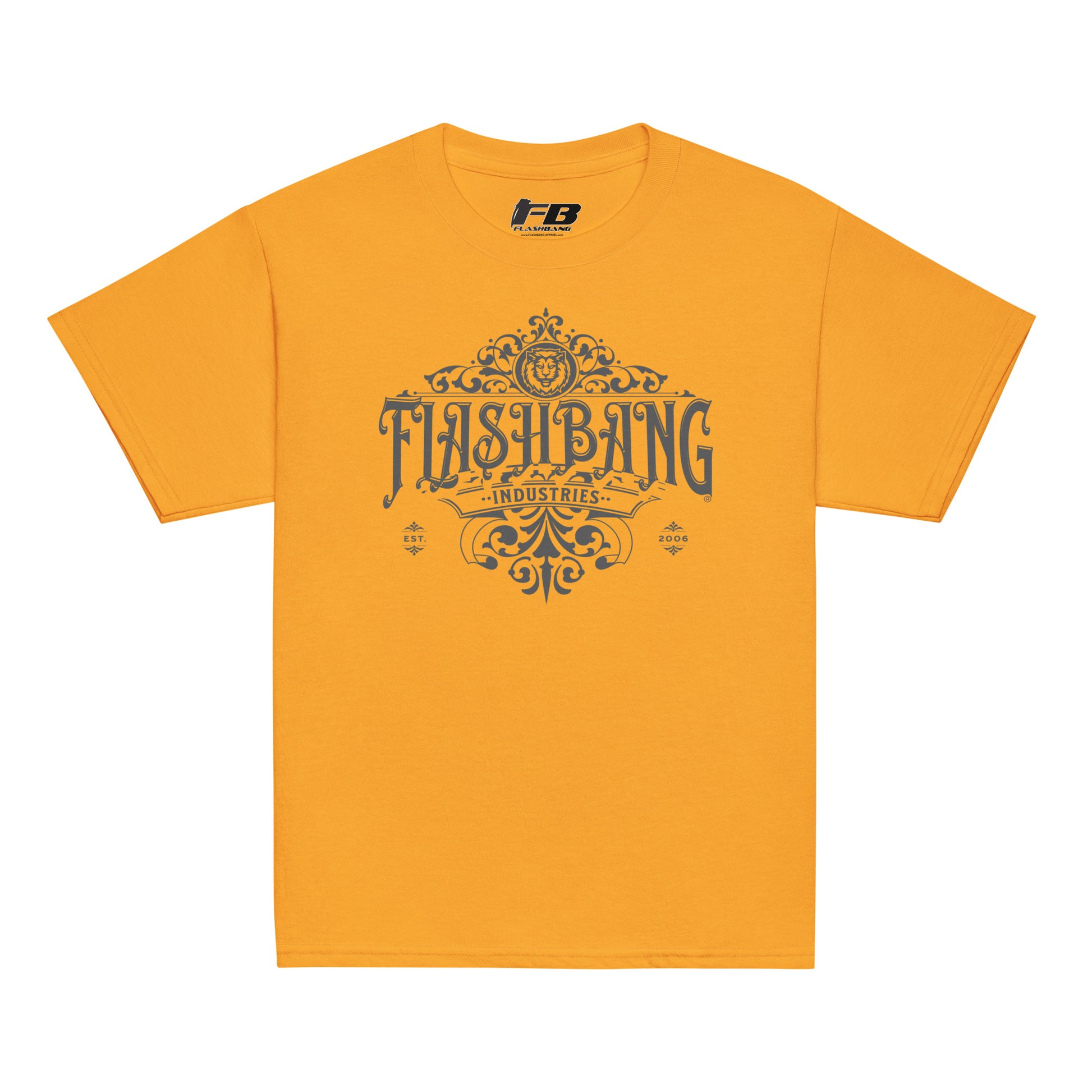 Yellow t-shirt with 'Flashbang Industries' text and logo on a white background