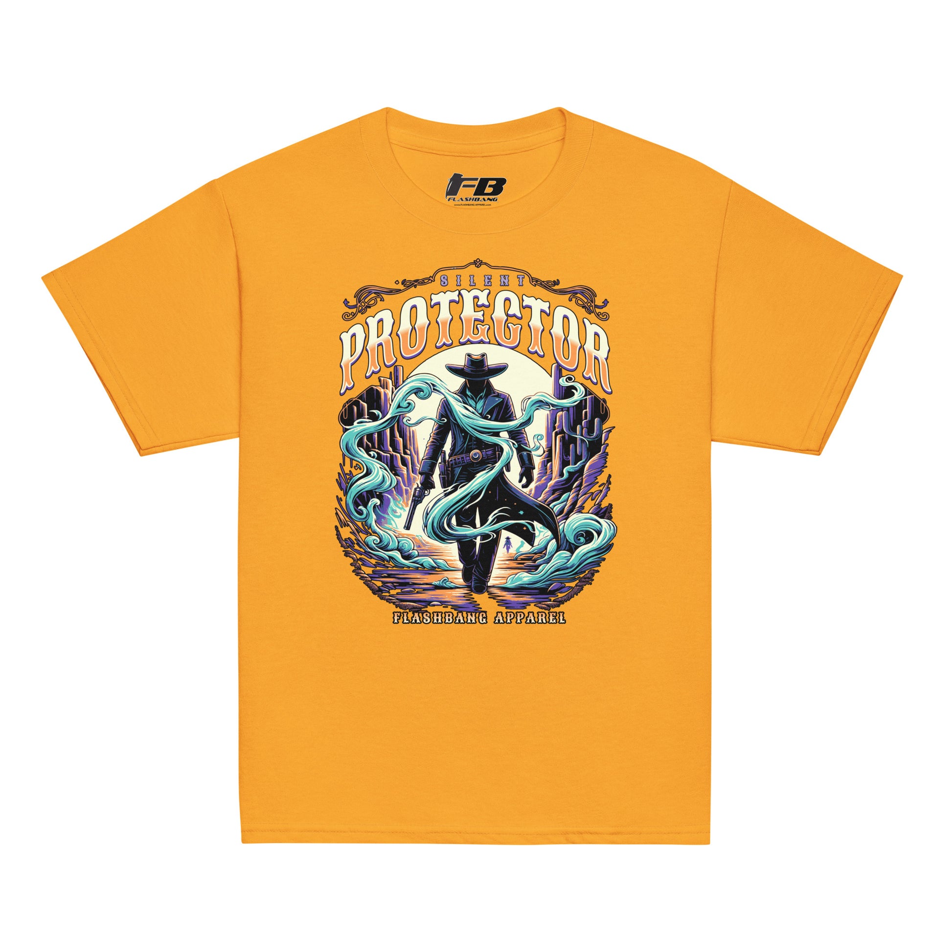 Yellow t-shirt with a graphic design featuring a cowboy and text on a white background