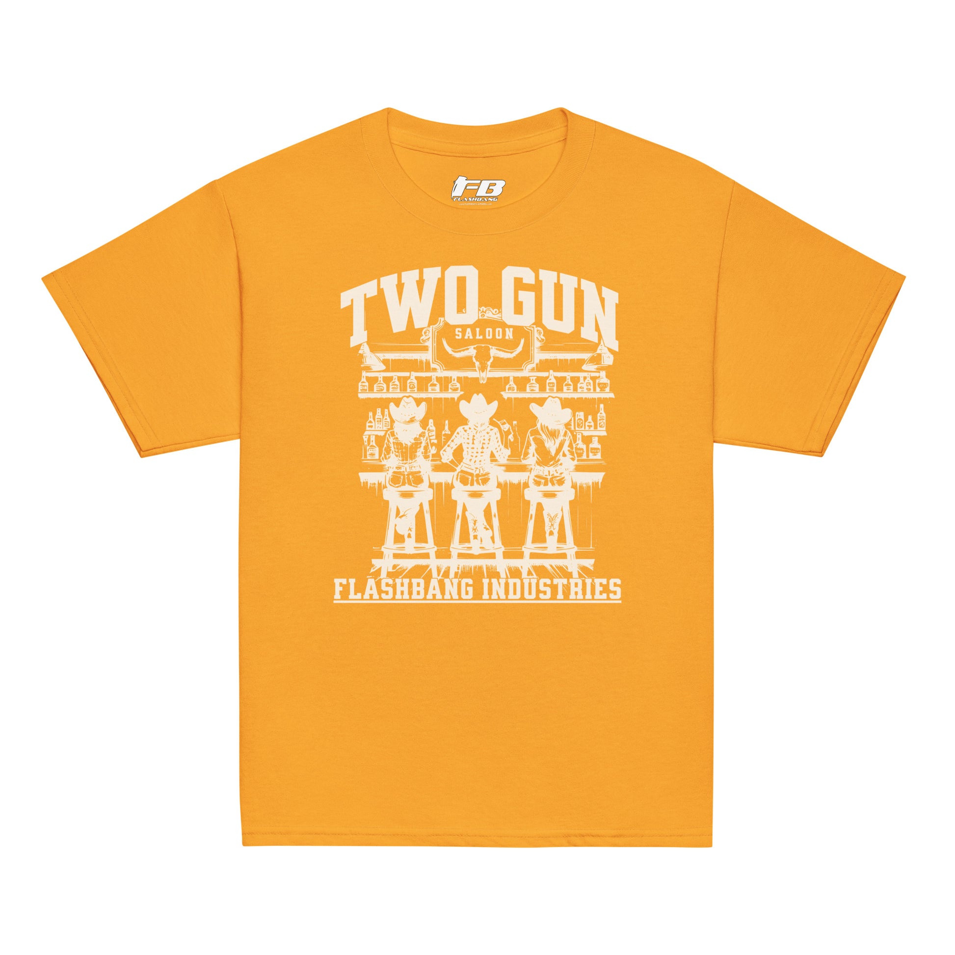 Orange t-shirt with white graphic design on a white background