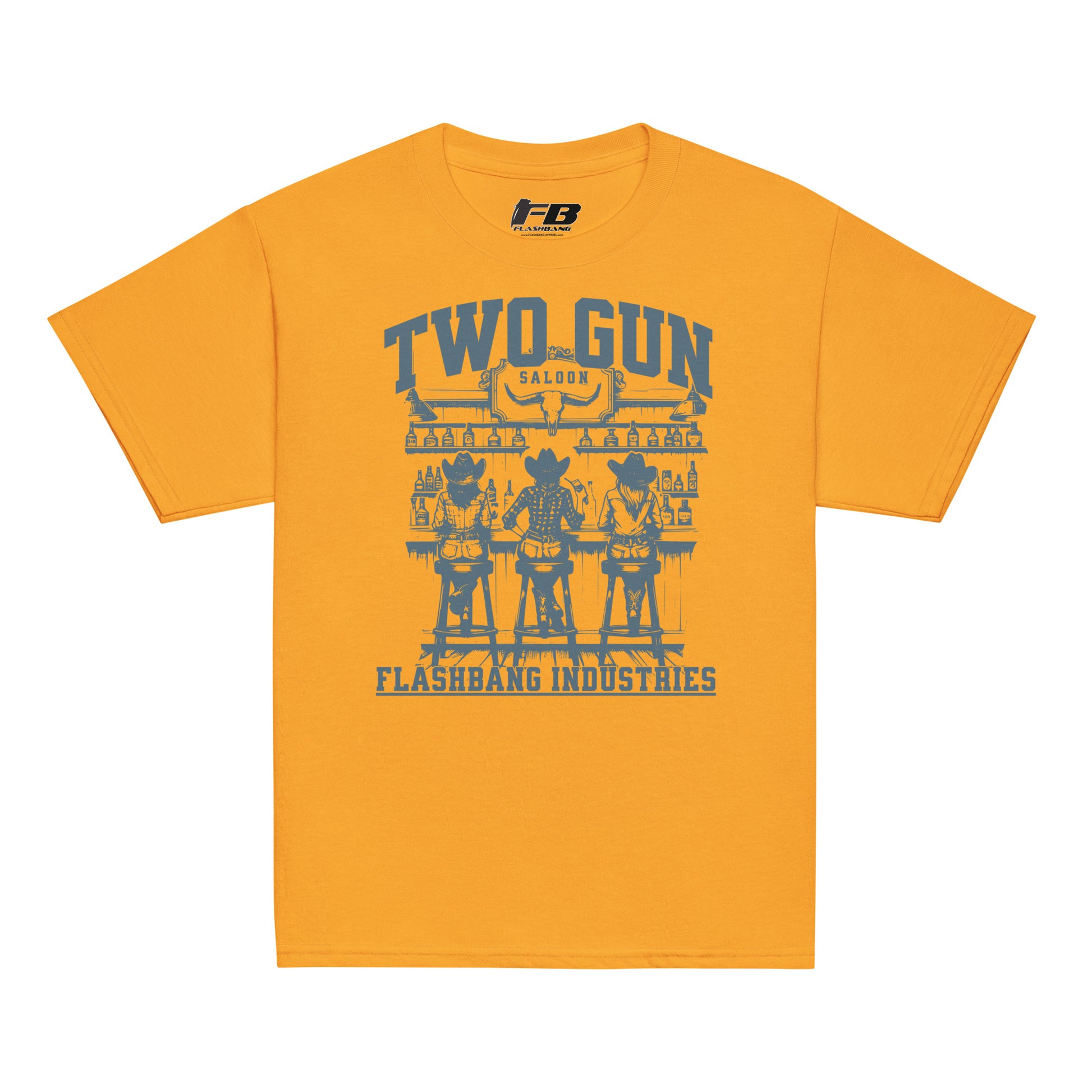 Yellow t-shirt with graphic design and text on a white background