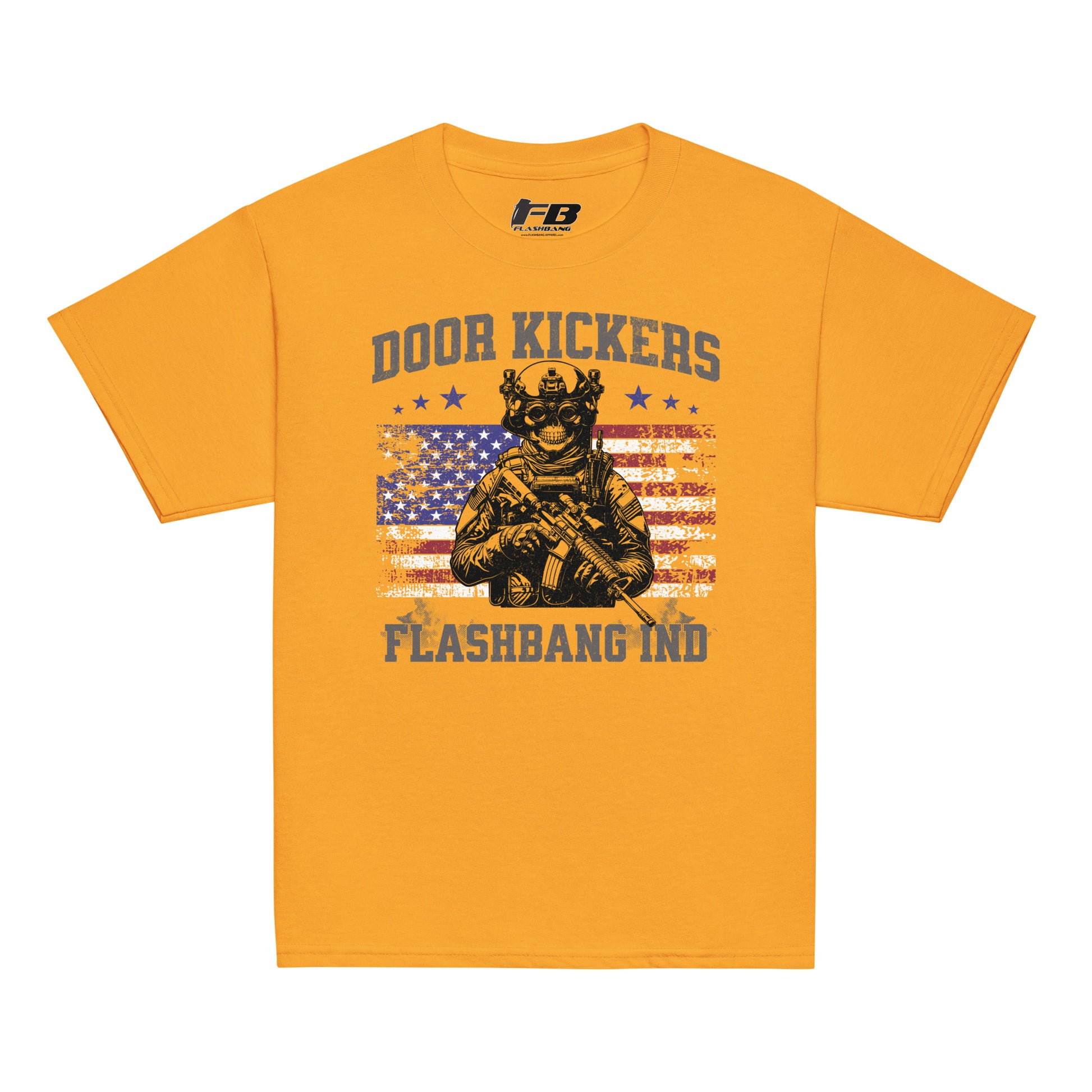 Yellow t-shirt with graphic design and text on a white background